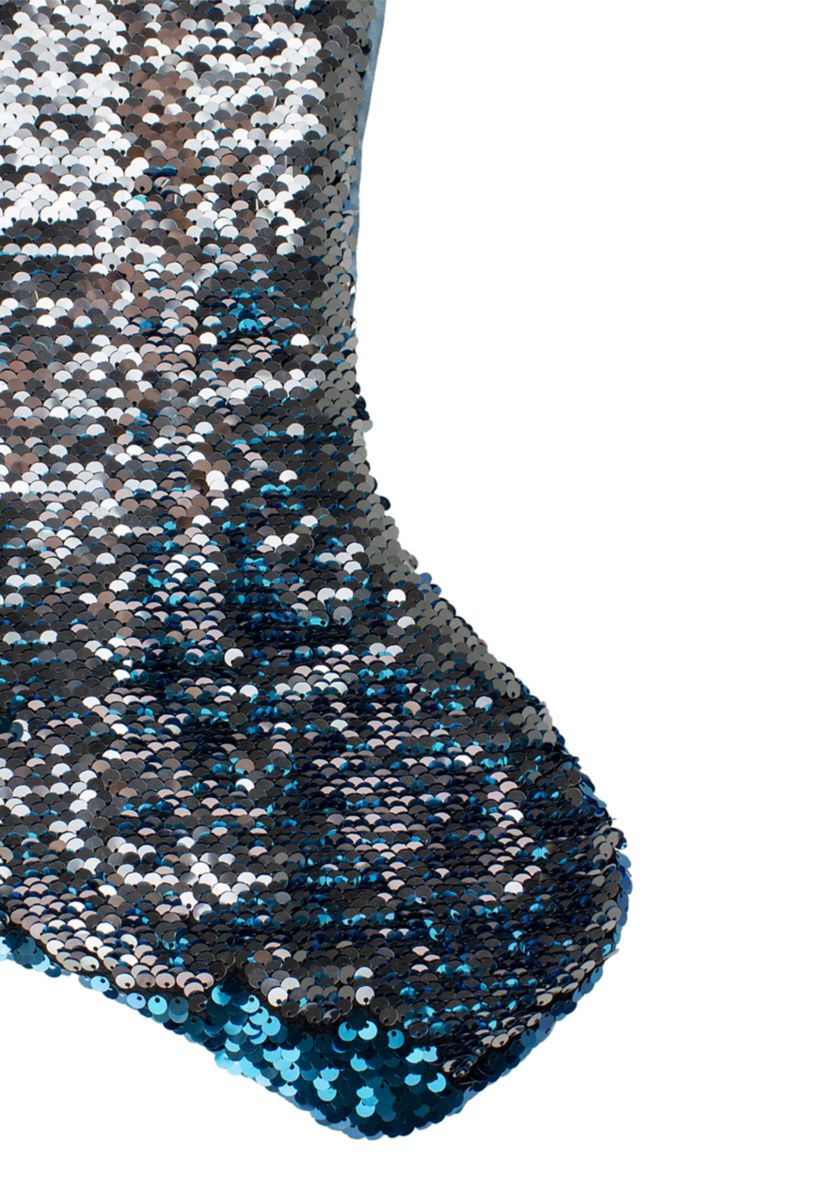 22.75Inch Sky Blue and Silver Reversible Sequined Christmas Stocking with Faux Fur Cuff