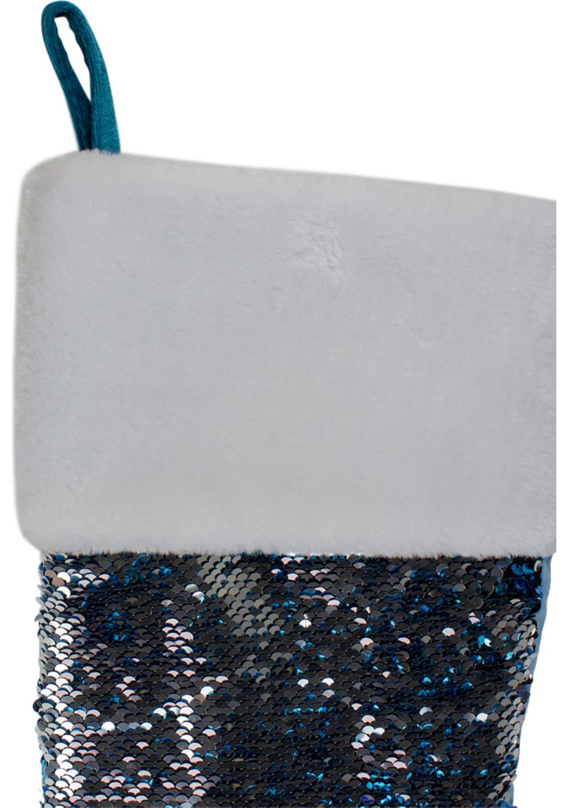 22.75Inch Sky Blue and Silver Reversible Sequined Christmas Stocking with Faux Fur Cuff
