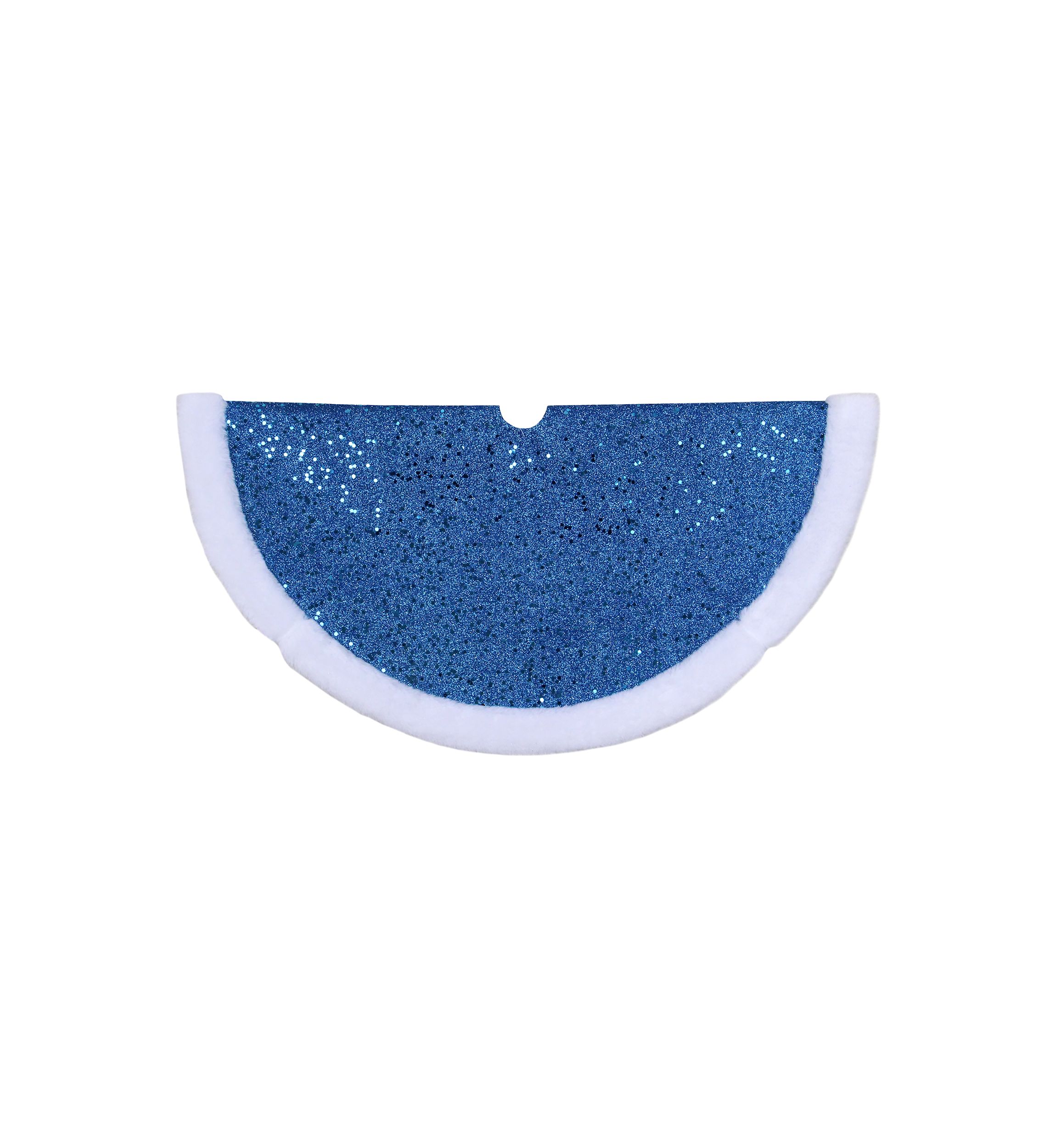 20Inch Blue Glittered Mini Christmas Tree Skirt with Faux Fur Trim