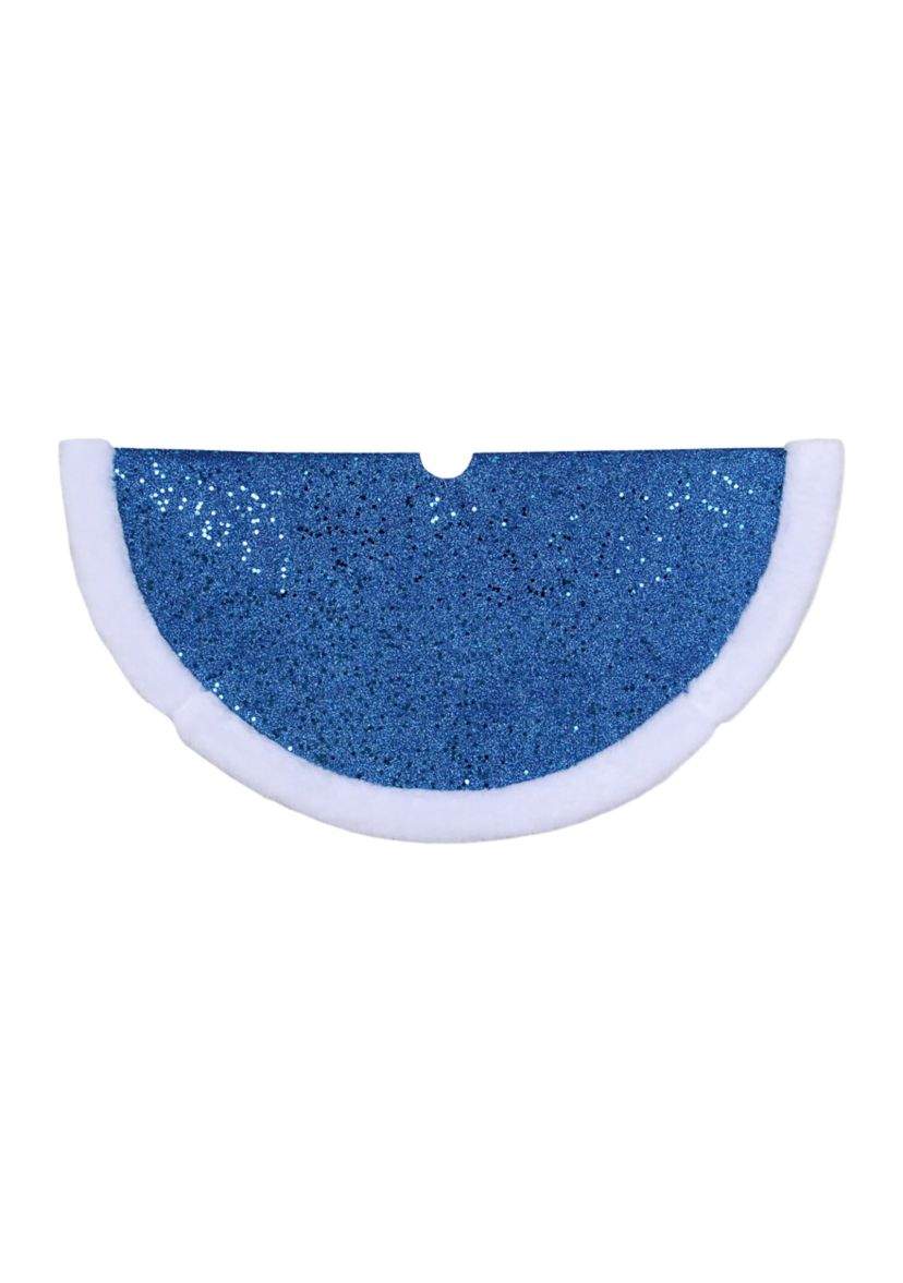 20Inch Blue Glittered Mini Christmas Tree Skirt with Faux Fur Trim