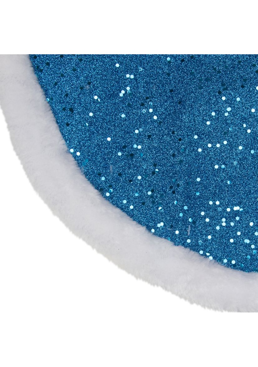 20Inch Blue Glittered Mini Christmas Tree Skirt with Faux Fur Trim