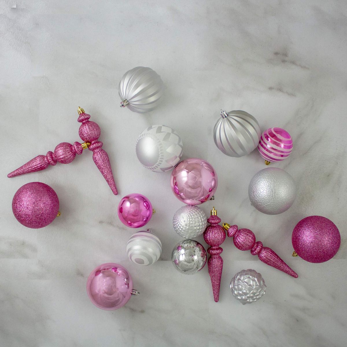 Shatterproof 3-Finish Christmas Ball and Finial Ornaments - Pink and Silver - 75ct