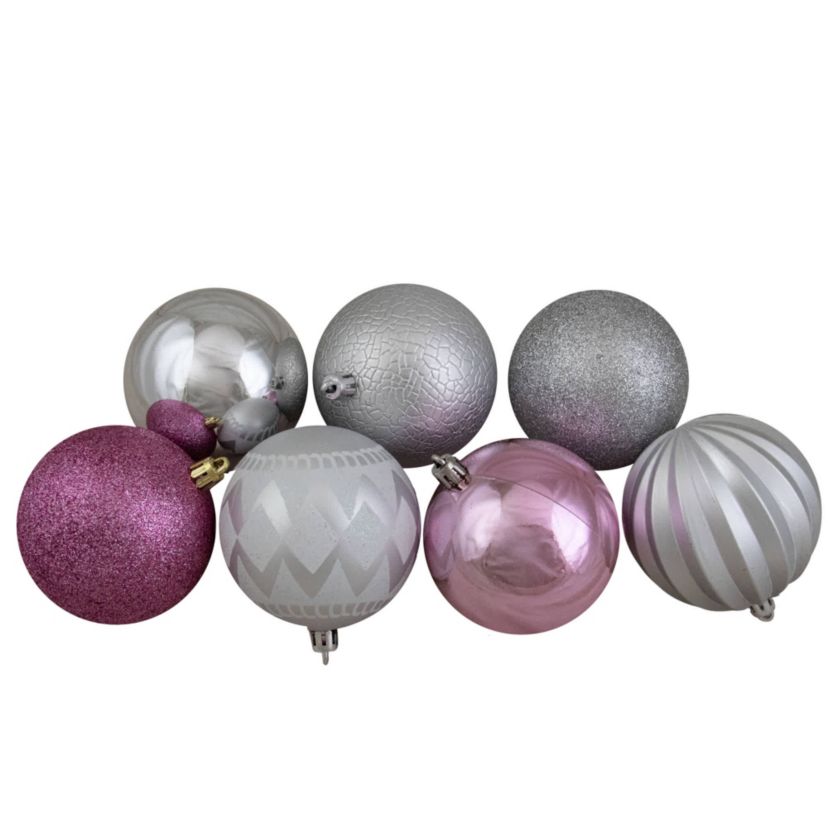 Shatterproof 3-Finish Christmas Ball and Finial Ornaments - Pink and Silver - 75ct