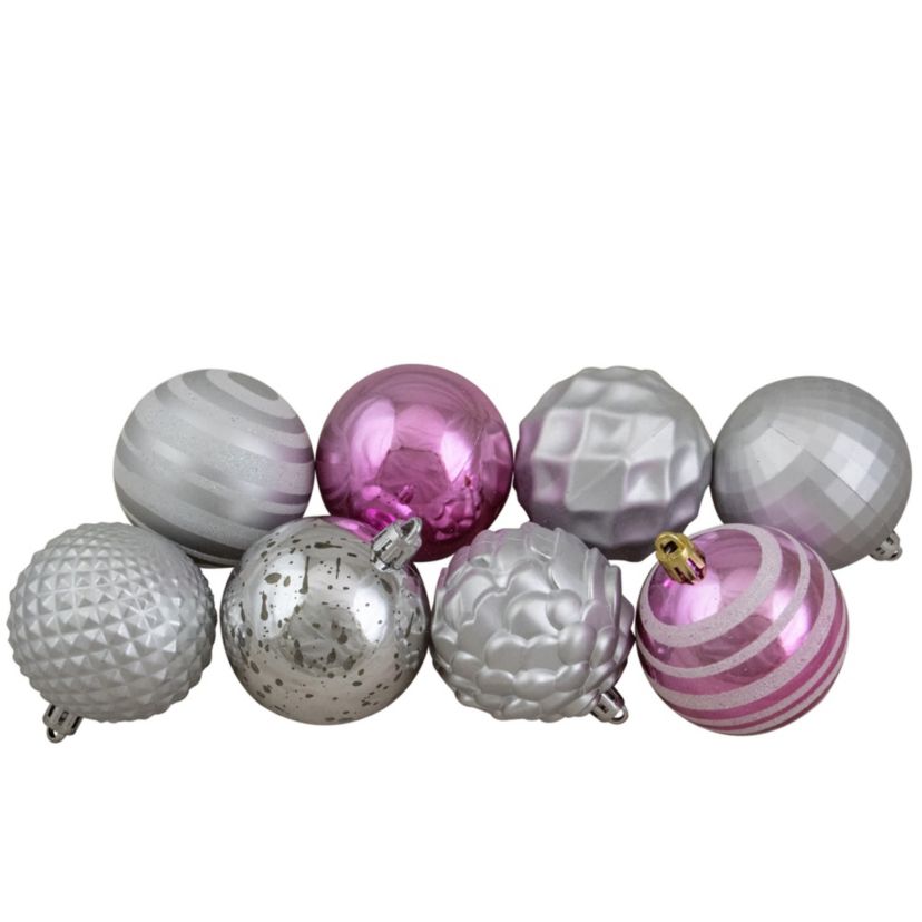 Shatterproof 3-Finish Christmas Ball and Finial Ornaments - Pink and Silver - 75ct