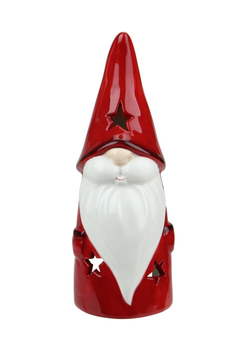 8.25 Red Ceramic Christmas Star Gnome Tealight Candle Holder