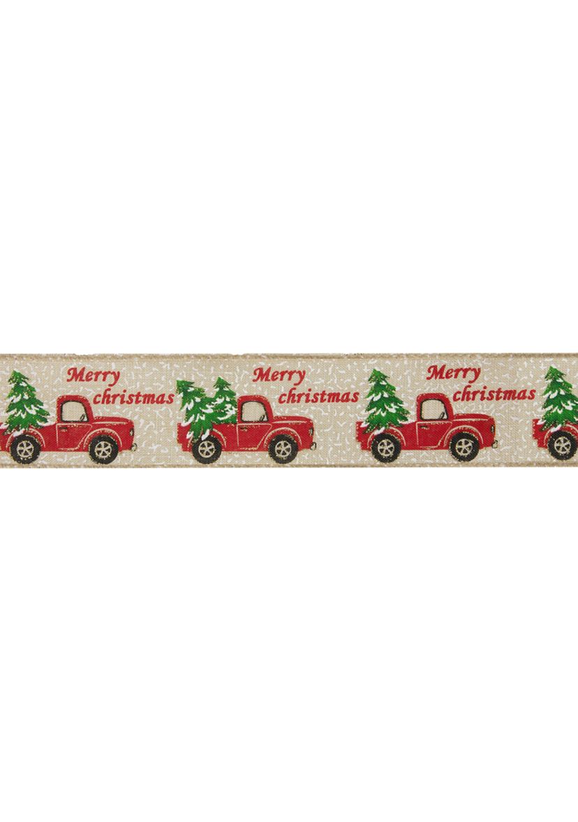 Green and Red Vintage Trucks with Christmas Trees Wired Craft Ribbon 2.5Inch x 16 Yards