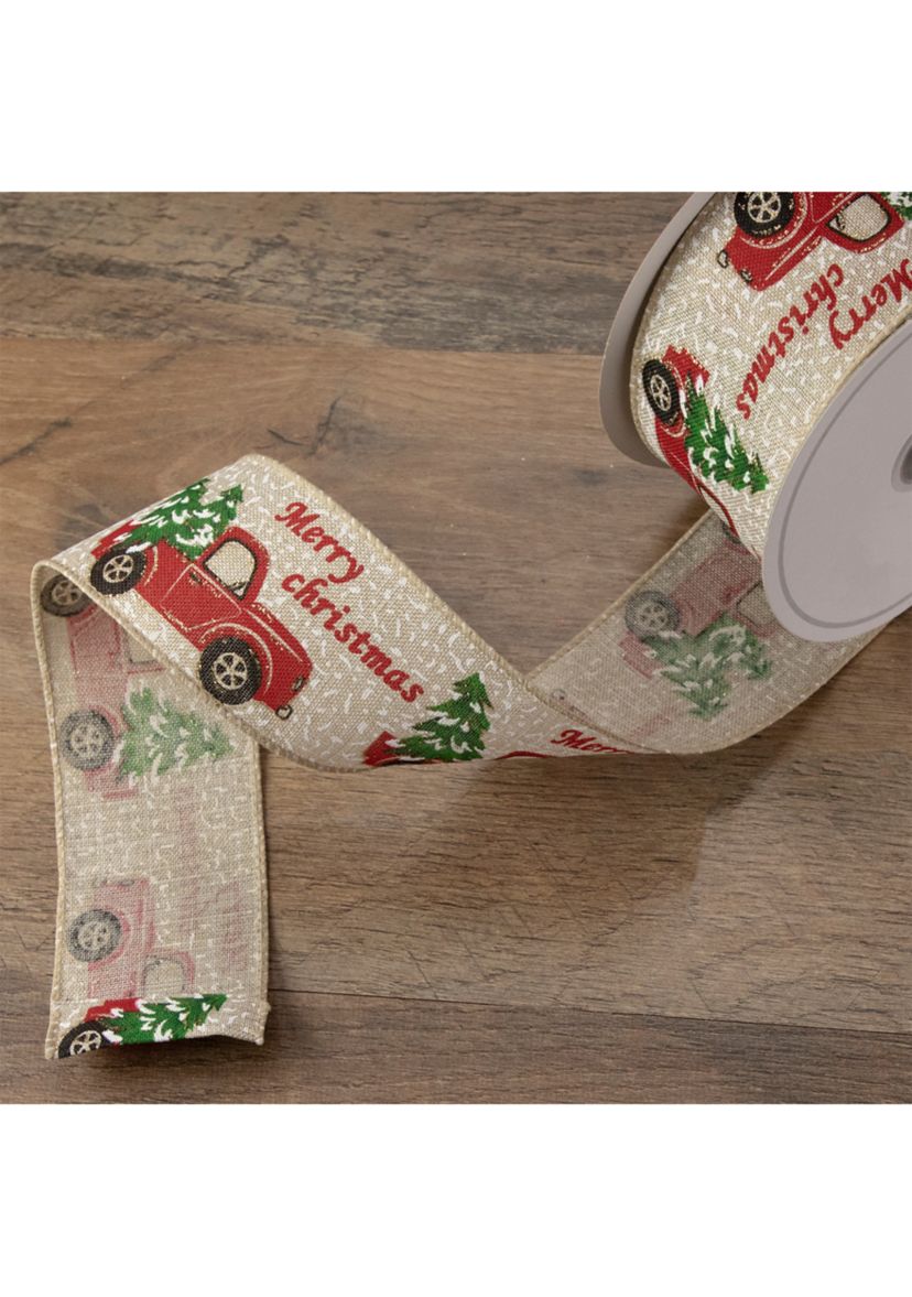 Green and Red Vintage Trucks with Christmas Trees Wired Craft Ribbon 2.5Inch x 16 Yards