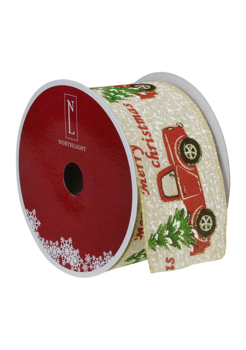 Green and Red Vintage Trucks with Christmas Trees Wired Craft Ribbon 2.5Inch x 16 Yards