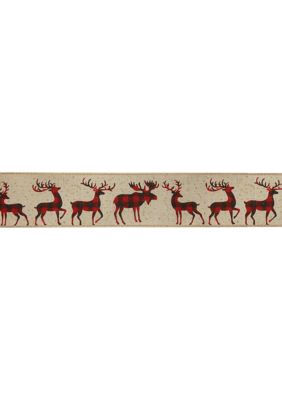 Northlight Beige and Red Plaid Buffalo with Reindeer Christmas Wired Craft Ribbon 2.5Inch x 16 Yards -  760182133531401