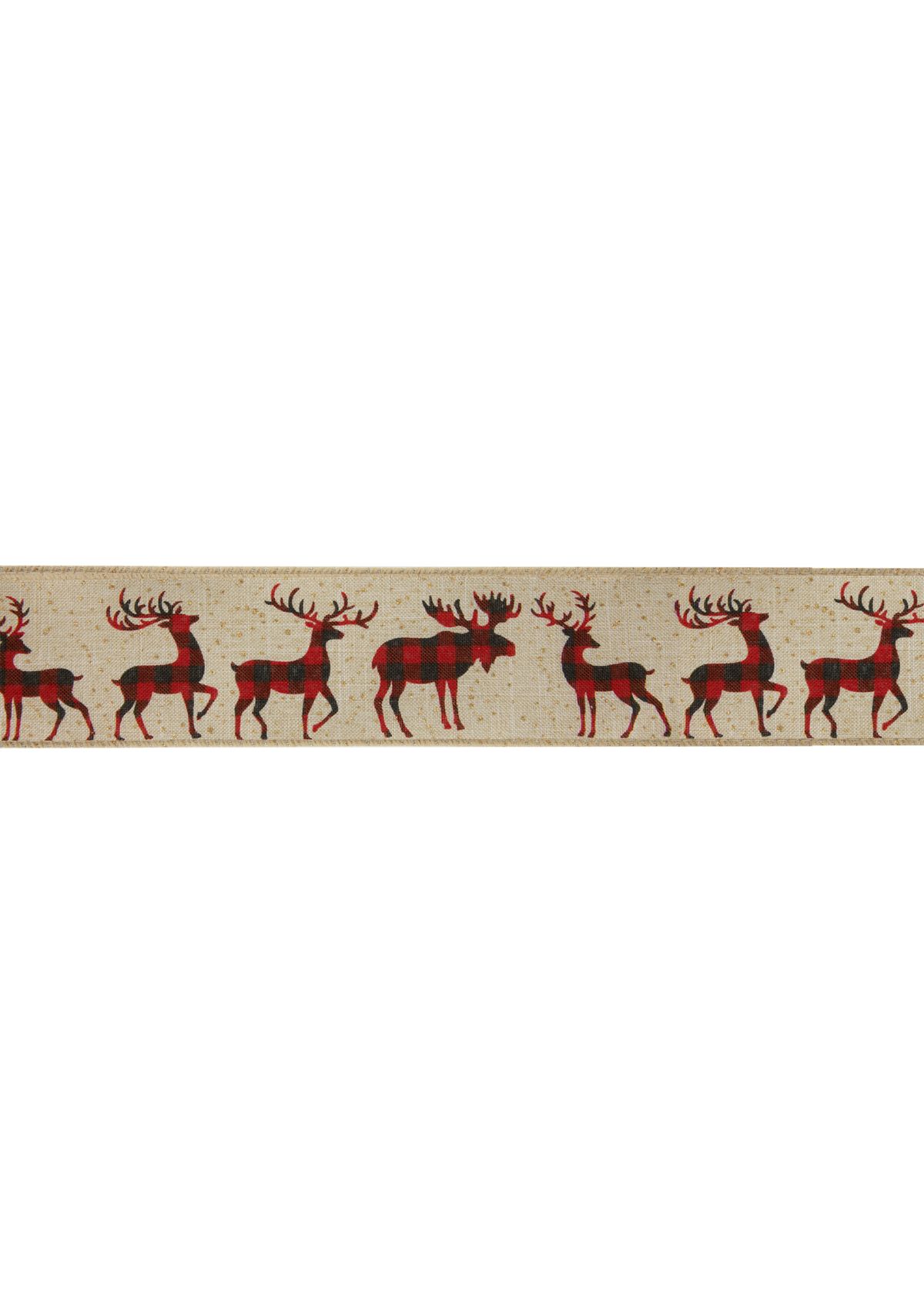 Beige and Red Plaid Buffalo with Reindeer Christmas Wired Craft Ribbon 2.5Inch x 16 Yards
