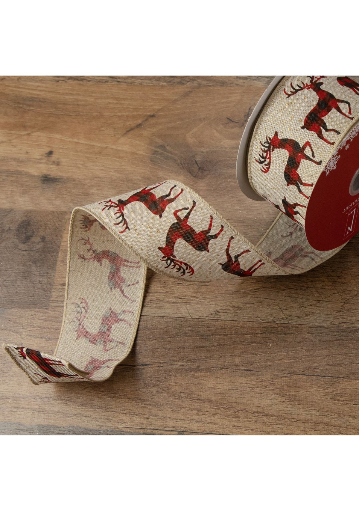 Beige and Red Plaid Buffalo with Reindeer Christmas Wired Craft Ribbon 2.5Inch x 16 Yards