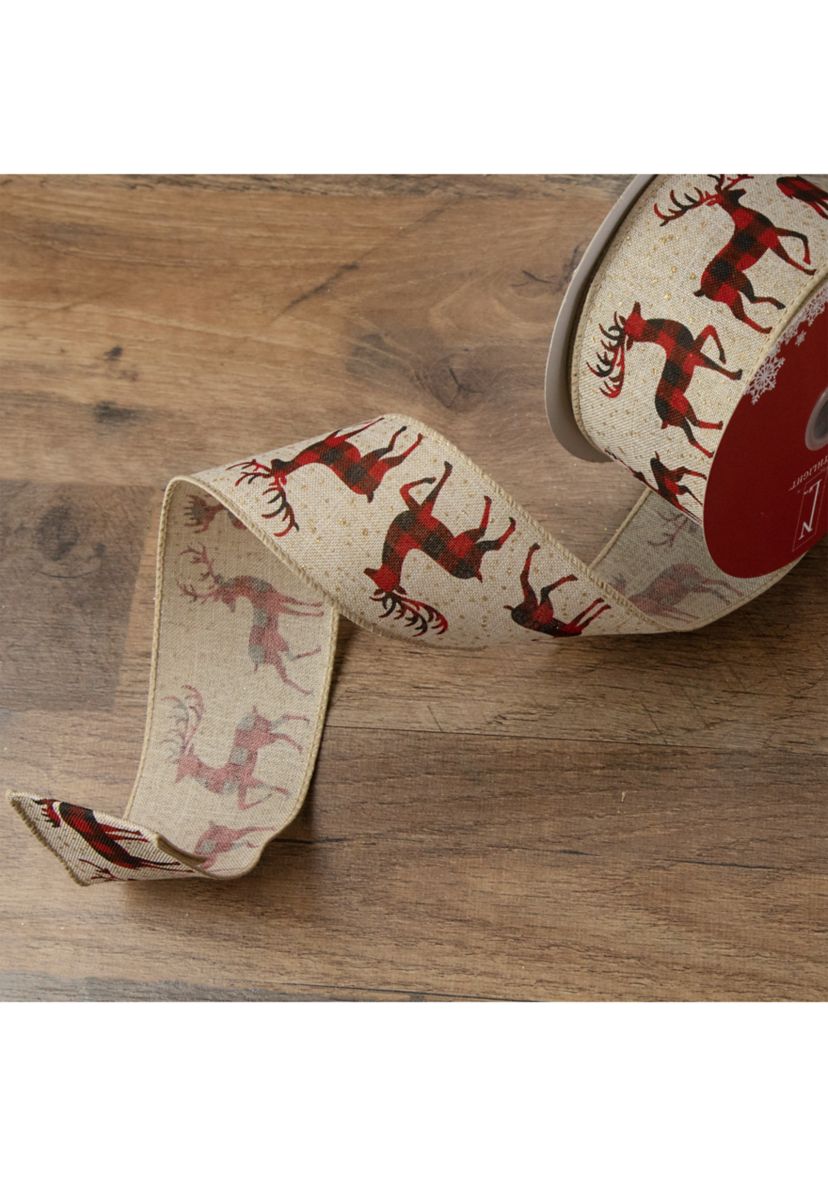 Beige and Red Plaid Buffalo with Reindeer Christmas Wired Craft Ribbon 2.5Inch x 16 Yards