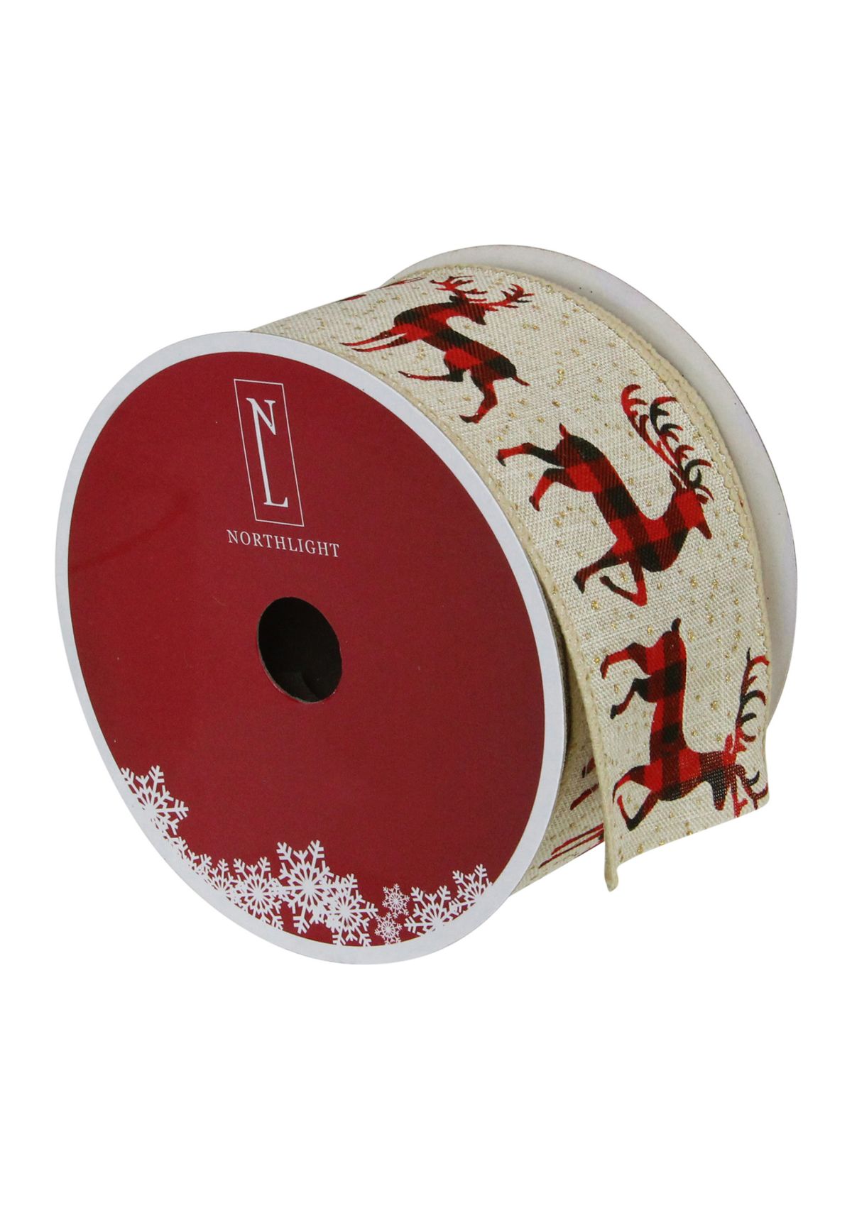 Beige and Red Plaid Buffalo with Reindeer Christmas Wired Craft Ribbon 2.5Inch x 16 Yards
