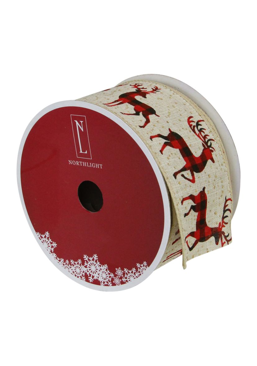 Beige and Red Plaid Buffalo with Reindeer Christmas Wired Craft Ribbon 2.5Inch x 16 Yards