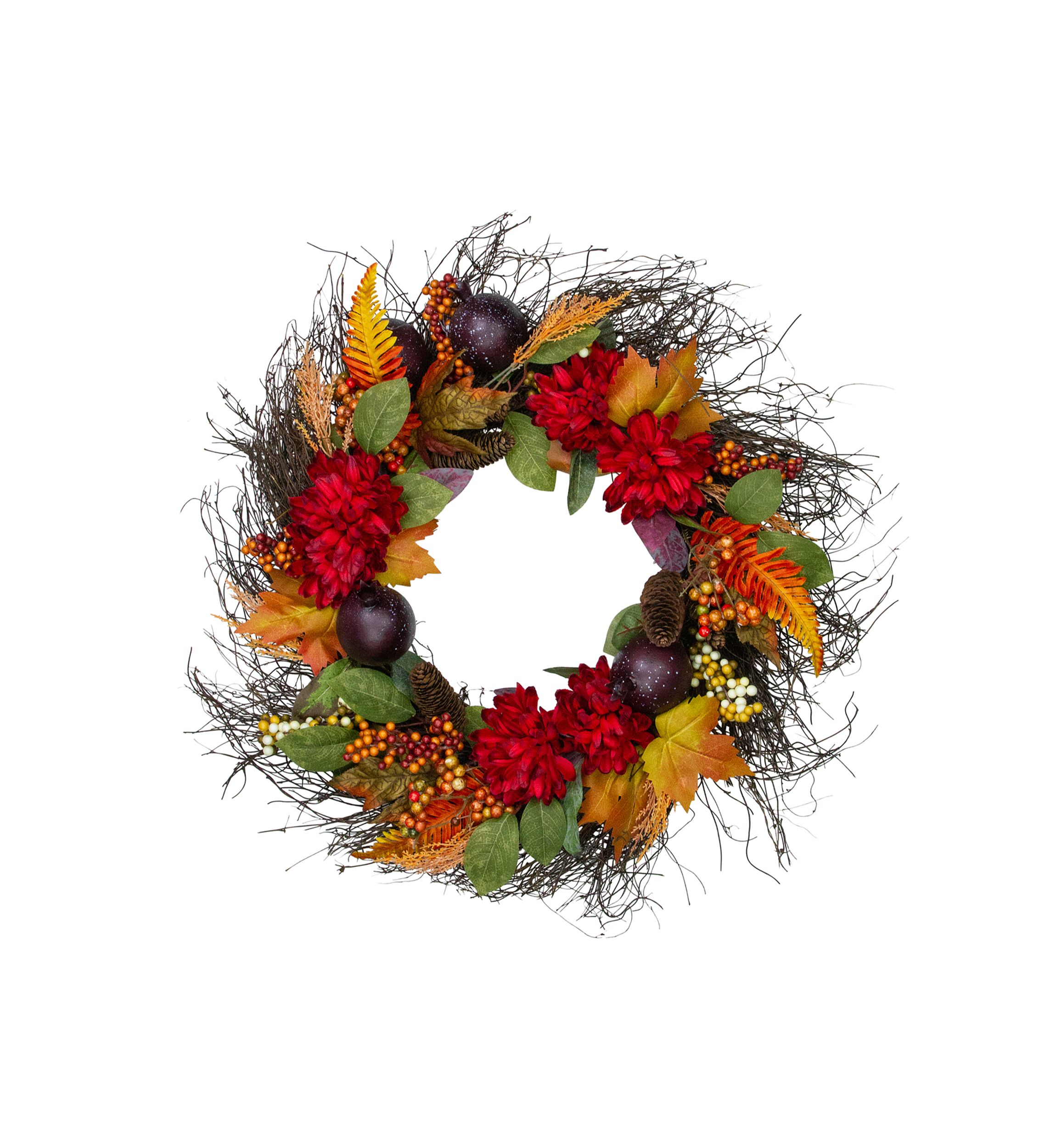 Mums and Pomegranates Artificial Fall Harvest Floral Wreath  28- inch
