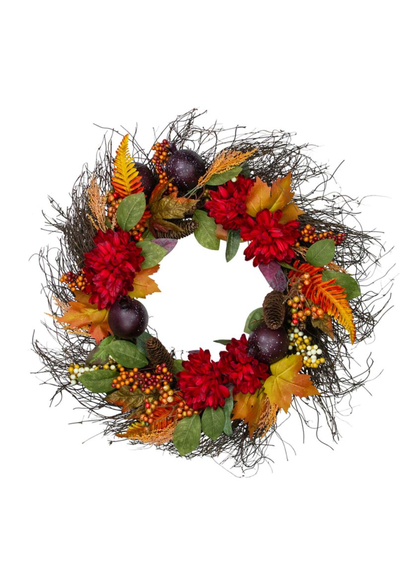 Mums and Pomegranates Artificial Fall Harvest Floral Wreath  28- inch