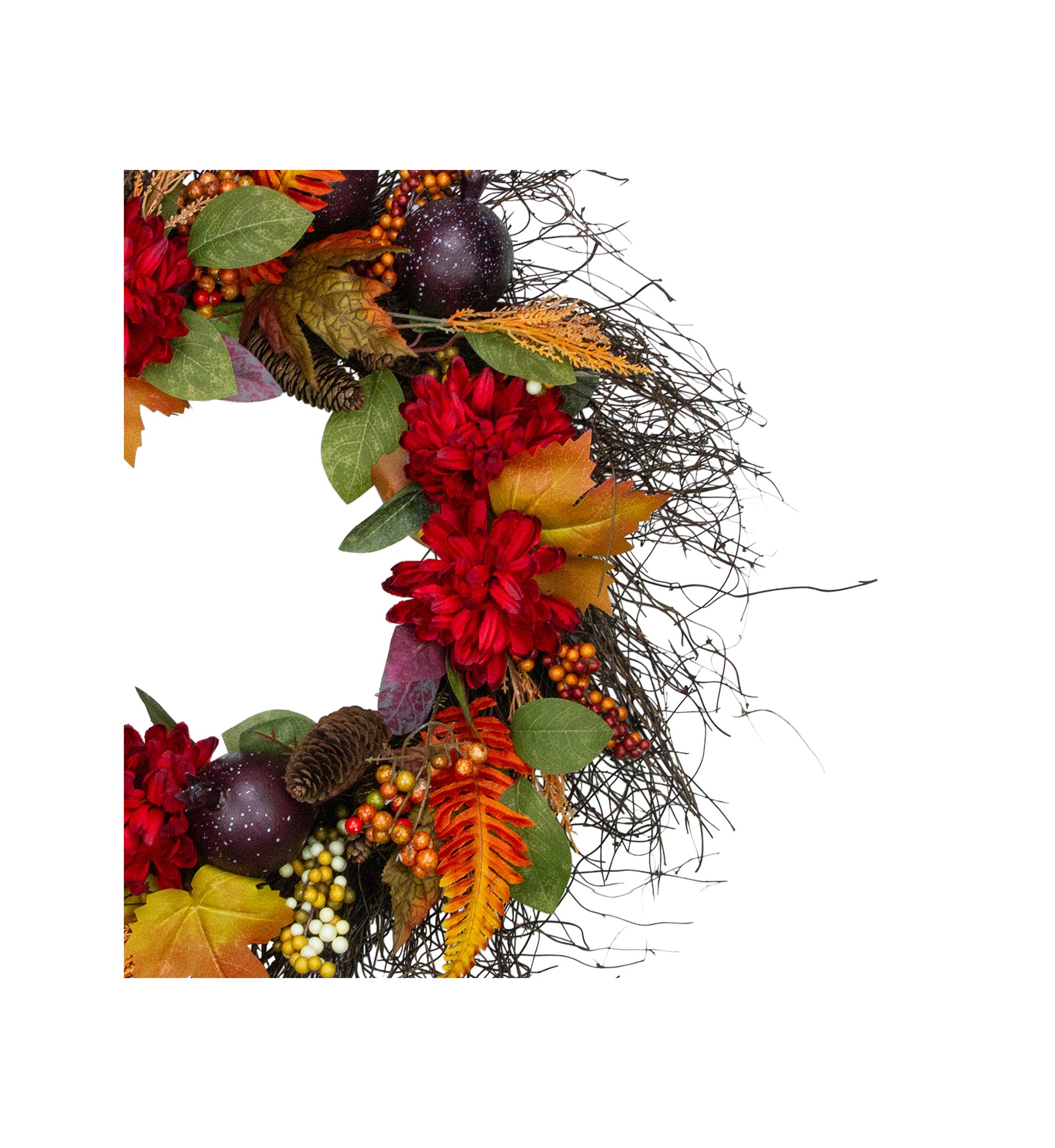 Mums and Pomegranates Artificial Fall Harvest Floral Wreath  28- inch