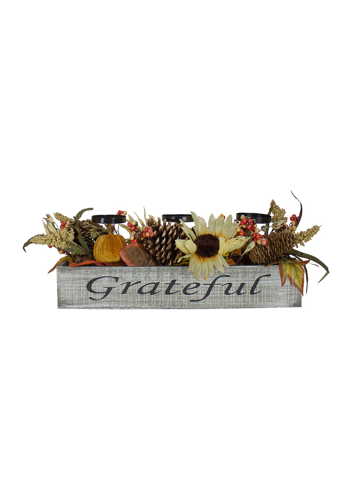 26 inch Autumn Harvest Sunflower 3-Piece Candle Holder in a  inchGrateful inch Rustic Wooden Box Centerpiece