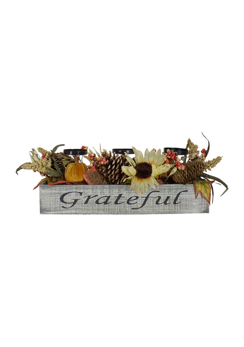 26 inch Autumn Harvest Sunflower 3-Piece Candle Holder in a  inchGrateful inch Rustic Wooden Box Centerpiece
