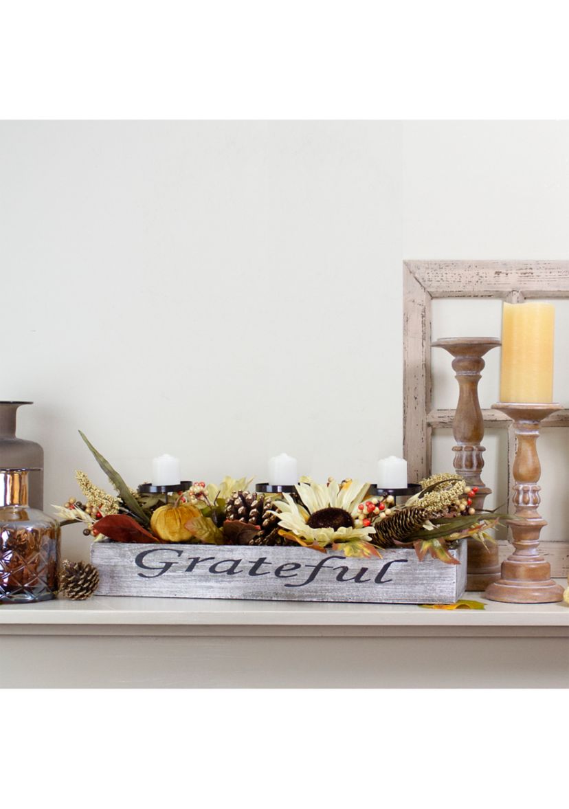 26 inch Autumn Harvest Sunflower 3-Piece Candle Holder in a  inchGrateful inch Rustic Wooden Box Centerpiece