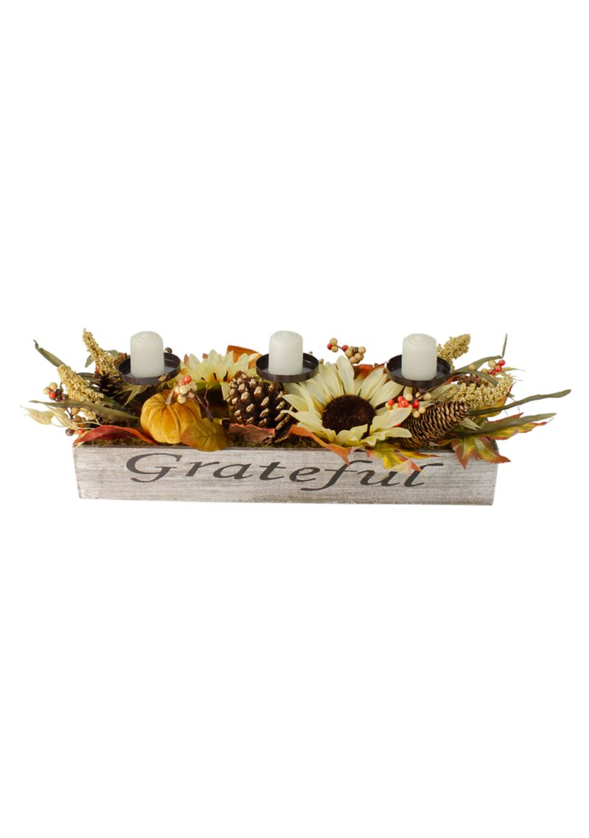 26 inch Autumn Harvest Sunflower 3-Piece Candle Holder in a  inchGrateful inch Rustic Wooden Box Centerpiece