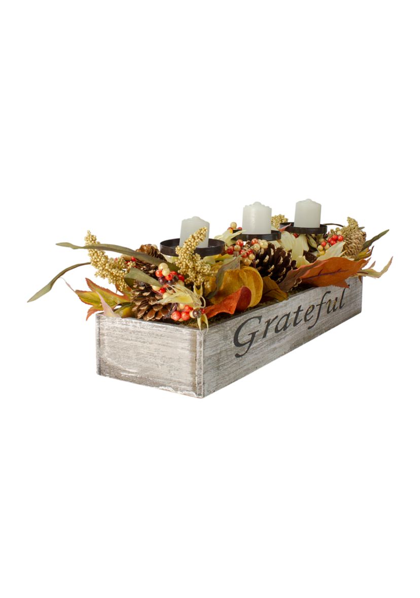26 inch Autumn Harvest Sunflower 3-Piece Candle Holder in a  inchGrateful inch Rustic Wooden Box Centerpiece