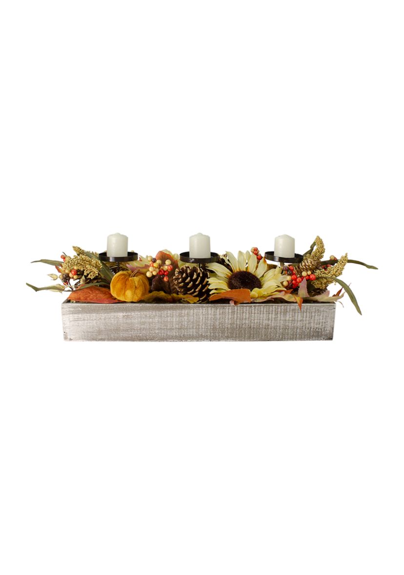 26 inch Autumn Harvest Sunflower 3-Piece Candle Holder in a  inchGrateful inch Rustic Wooden Box Centerpiece
