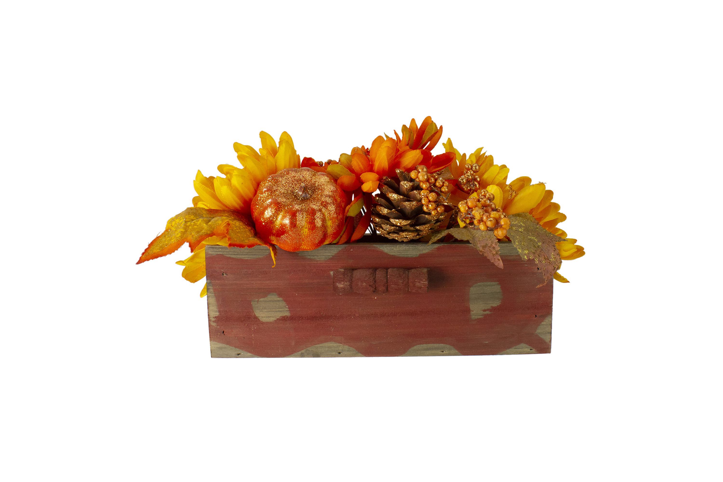Autumn Harvest Glitter Floral Arrangement in Rustic Wooden Box Centerpiece - 14"