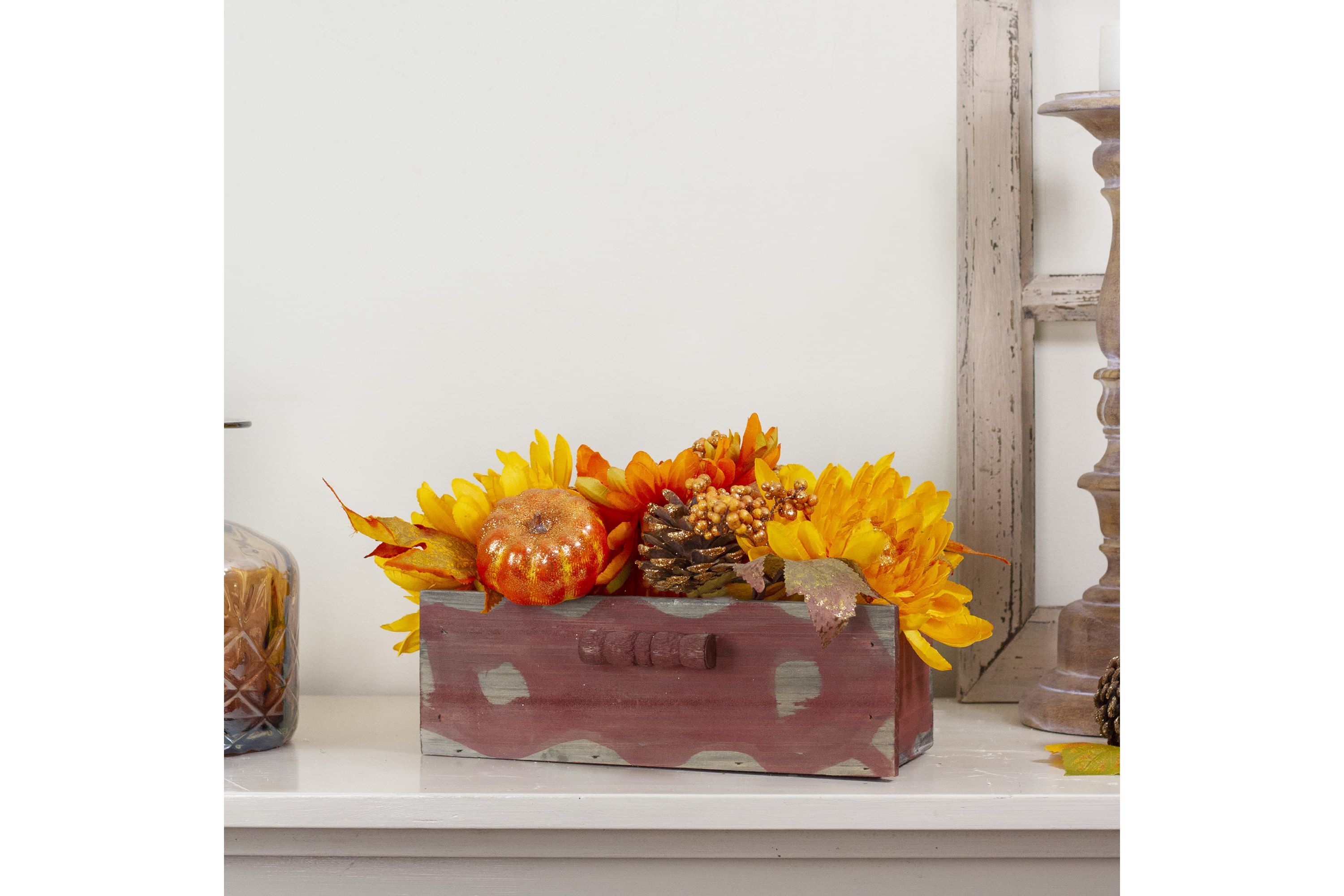 Autumn Harvest Glitter Floral Arrangement in Rustic Wooden Box Centerpiece - 14"