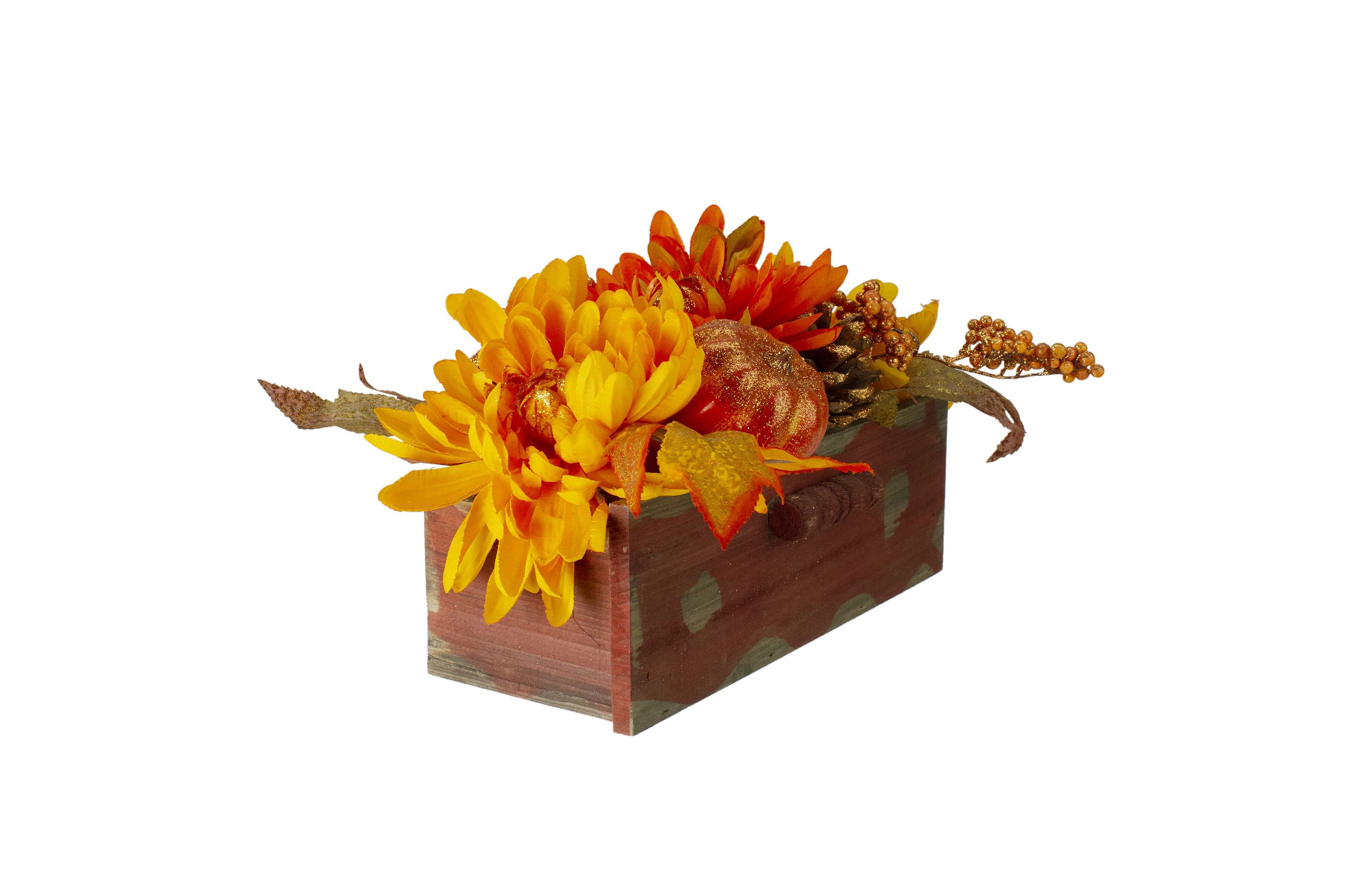 Autumn Harvest Glitter Floral Arrangement in Rustic Wooden Box Centerpiece - 14"