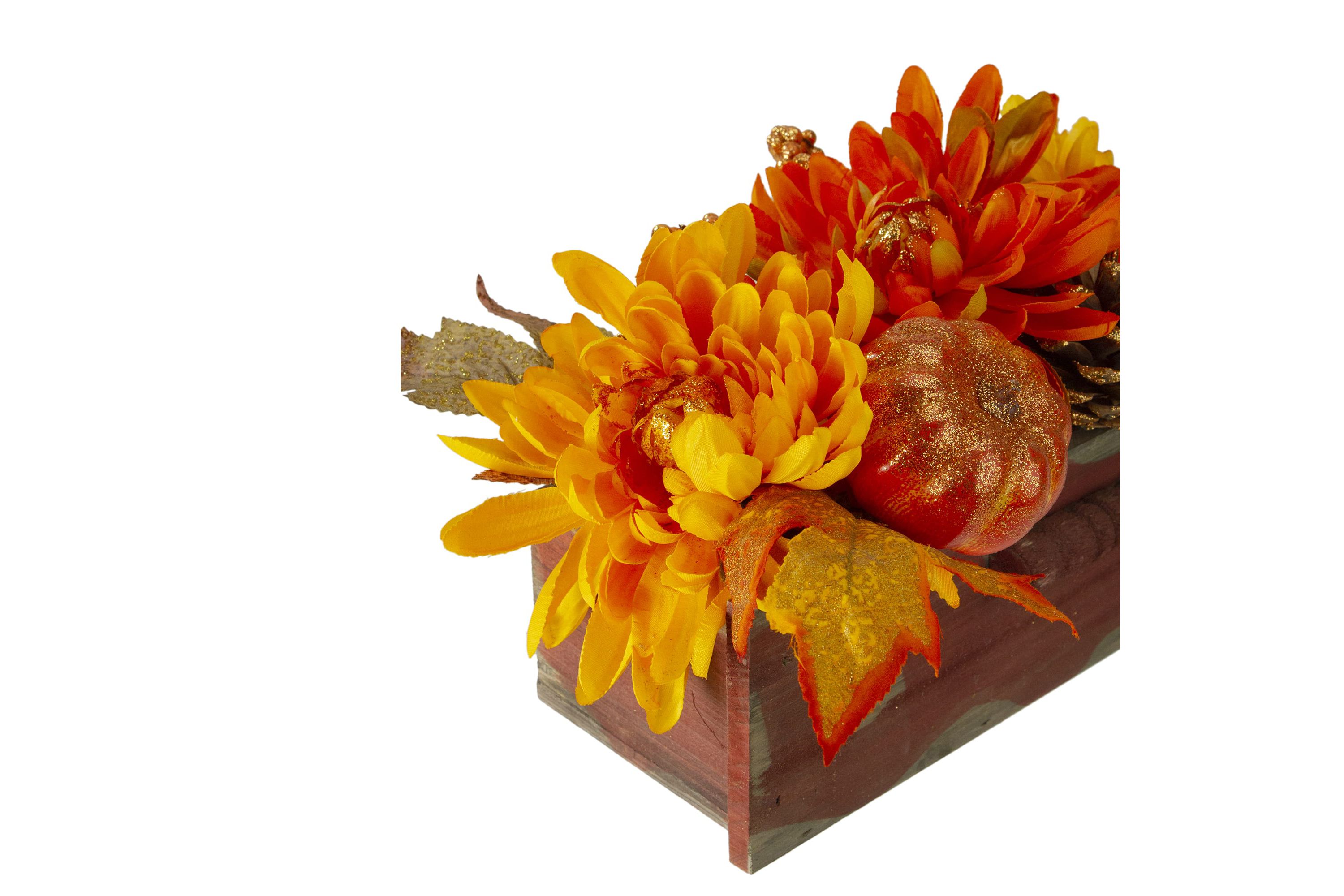 Autumn Harvest Glitter Floral Arrangement in Rustic Wooden Box Centerpiece - 14"
