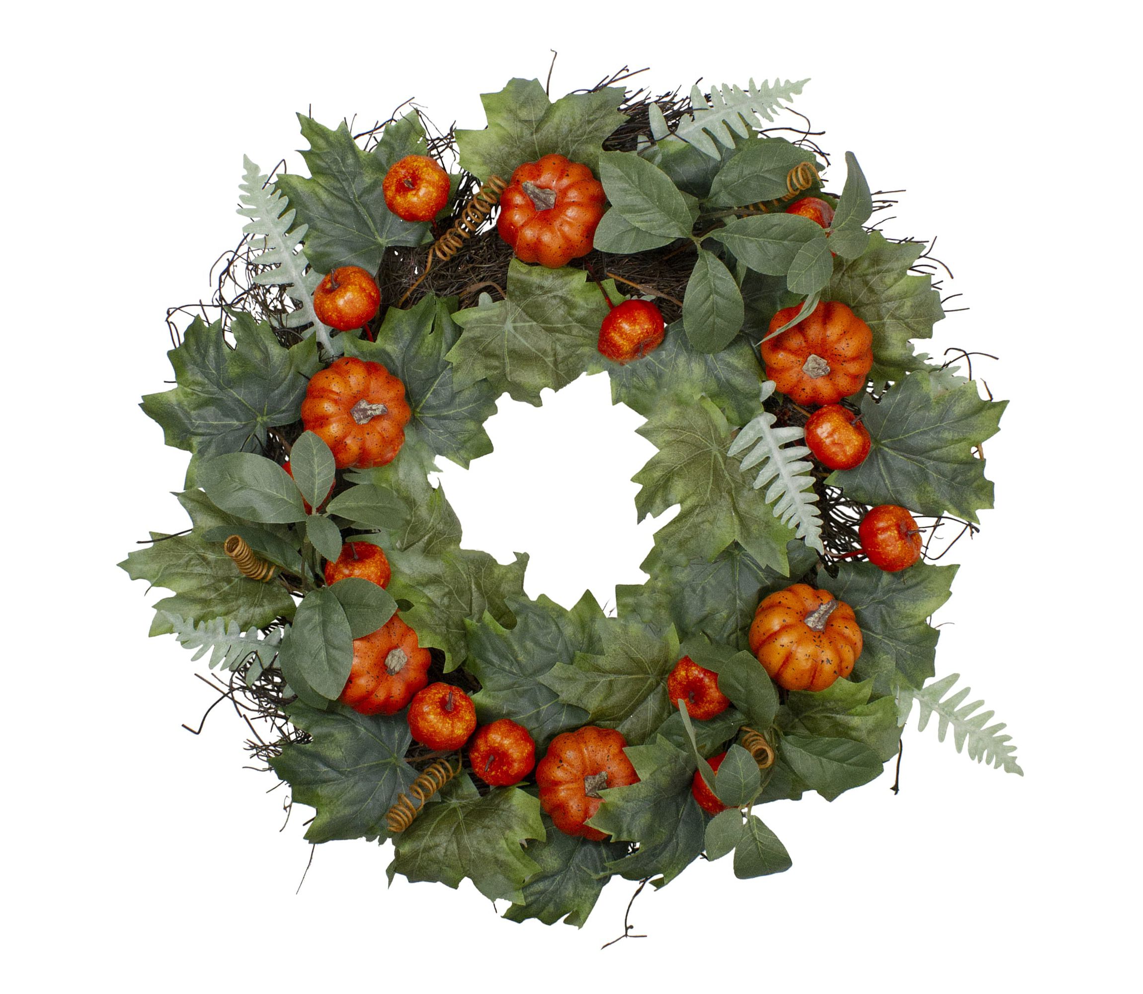Maple and Fern Leaves with Pumpkins Artificial Wreath  Orange 24-Inch