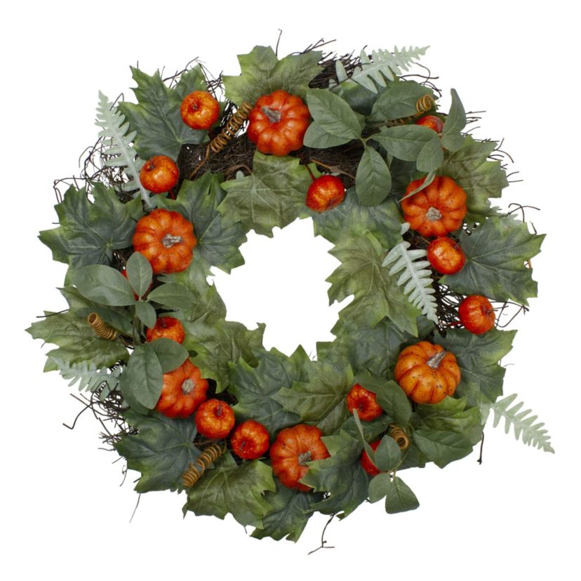 Maple and Fern Leaves with Pumpkins Artificial Wreath  Orange 24-Inch