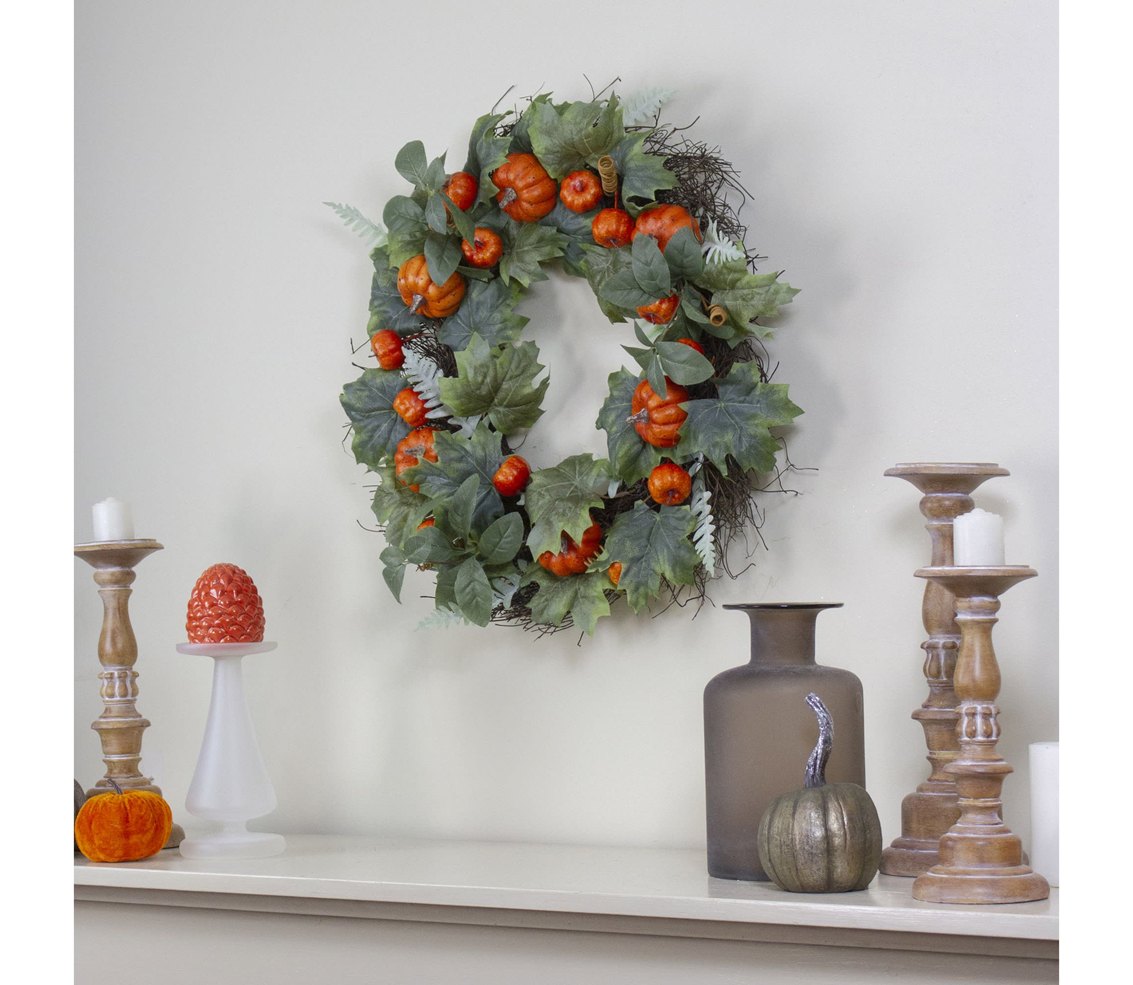 Maple and Fern Leaves with Pumpkins Artificial Wreath  Orange 24-Inch