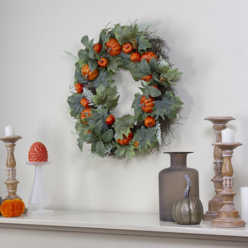 Maple and Fern Leaves with Pumpkins Artificial Wreath  Orange 24-Inch