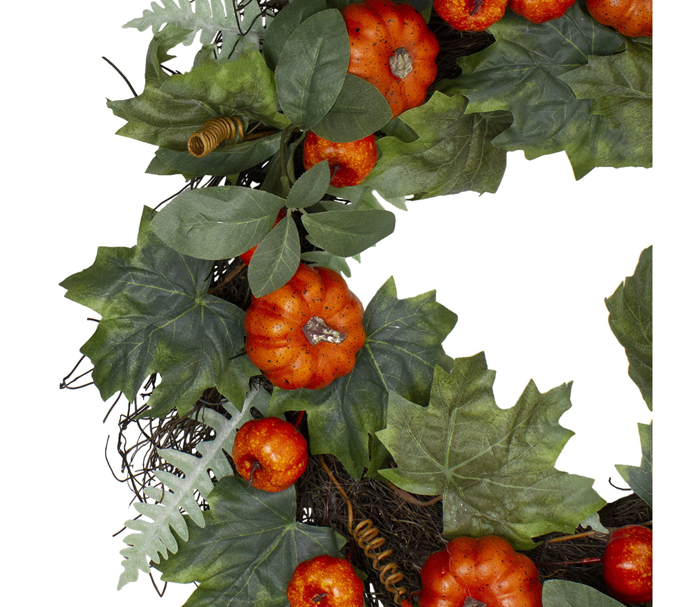 Maple and Fern Leaves with Pumpkins Artificial Wreath  Orange 24-Inch