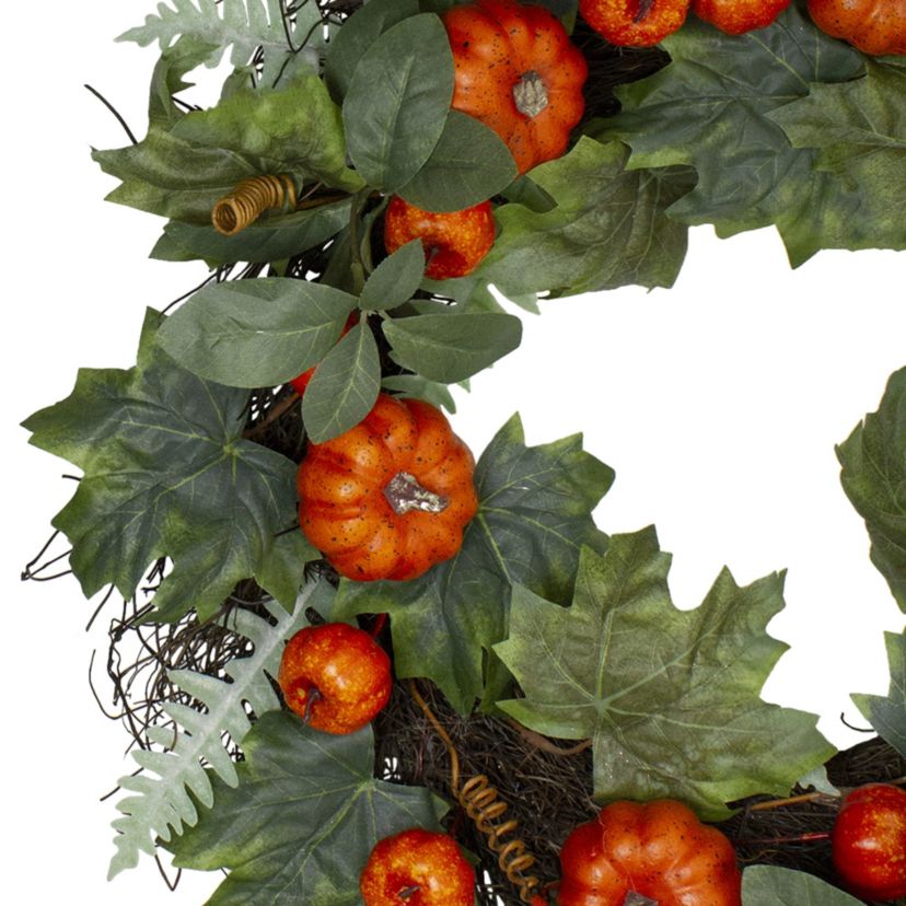 Maple and Fern Leaves with Pumpkins Artificial Wreath  Orange 24-Inch