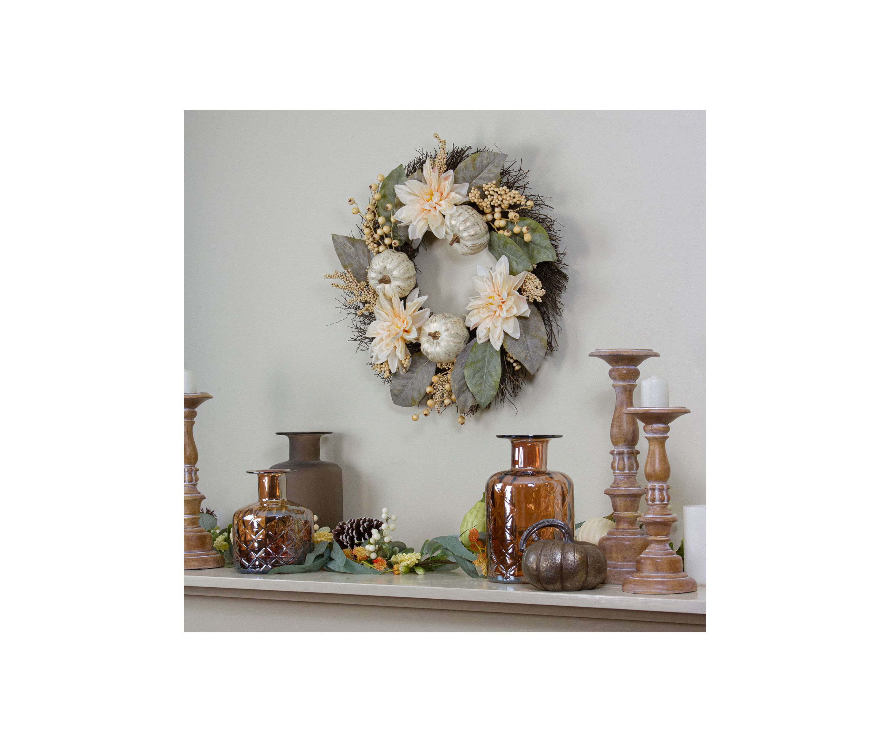 Dahlia and Pumpkin Fall Artificial Floral Wreath  22- inch