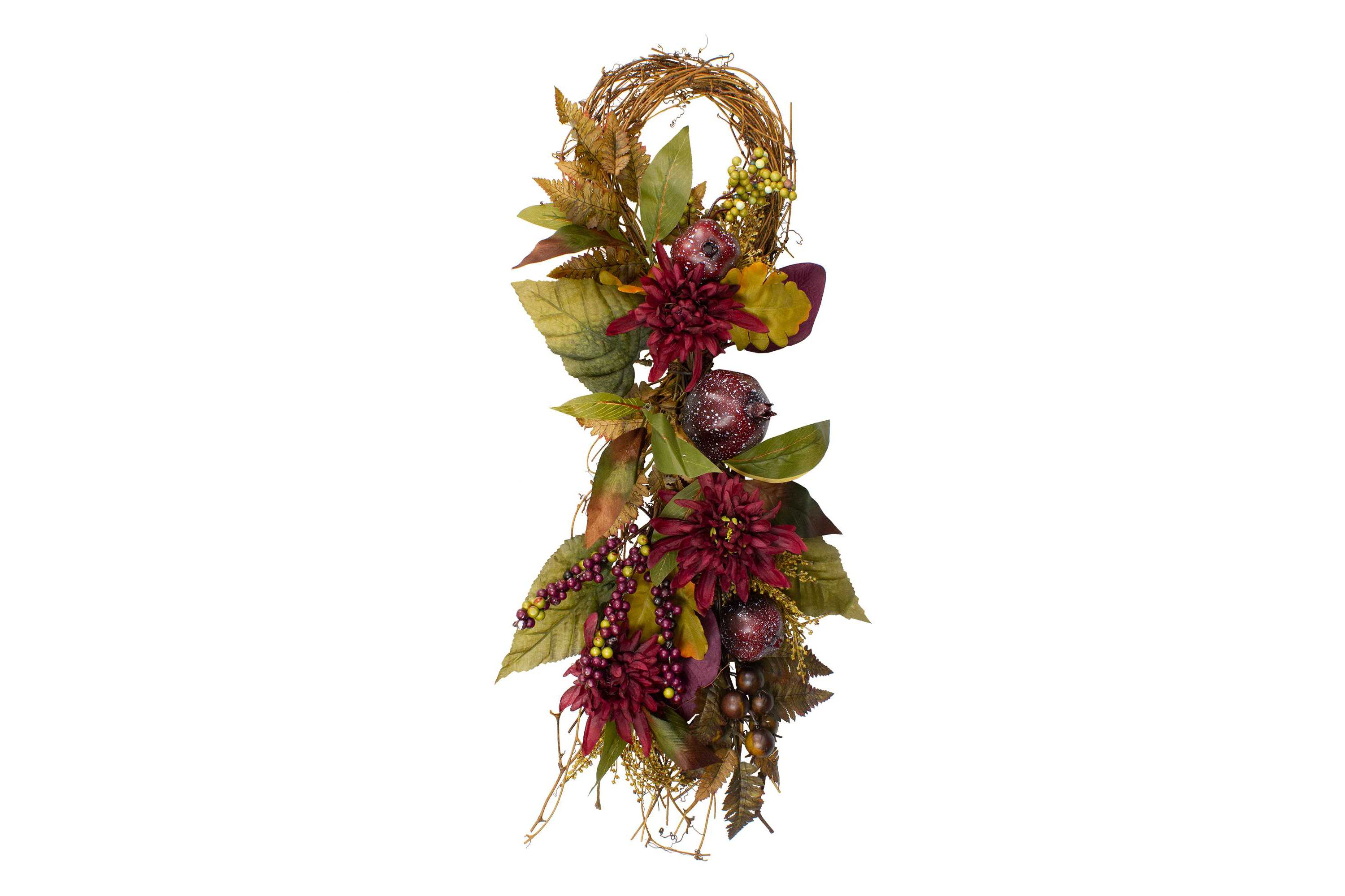 28" Autumn Harvest Mums with Pomegranate Grapevine Teardrop Swag - Unlit
