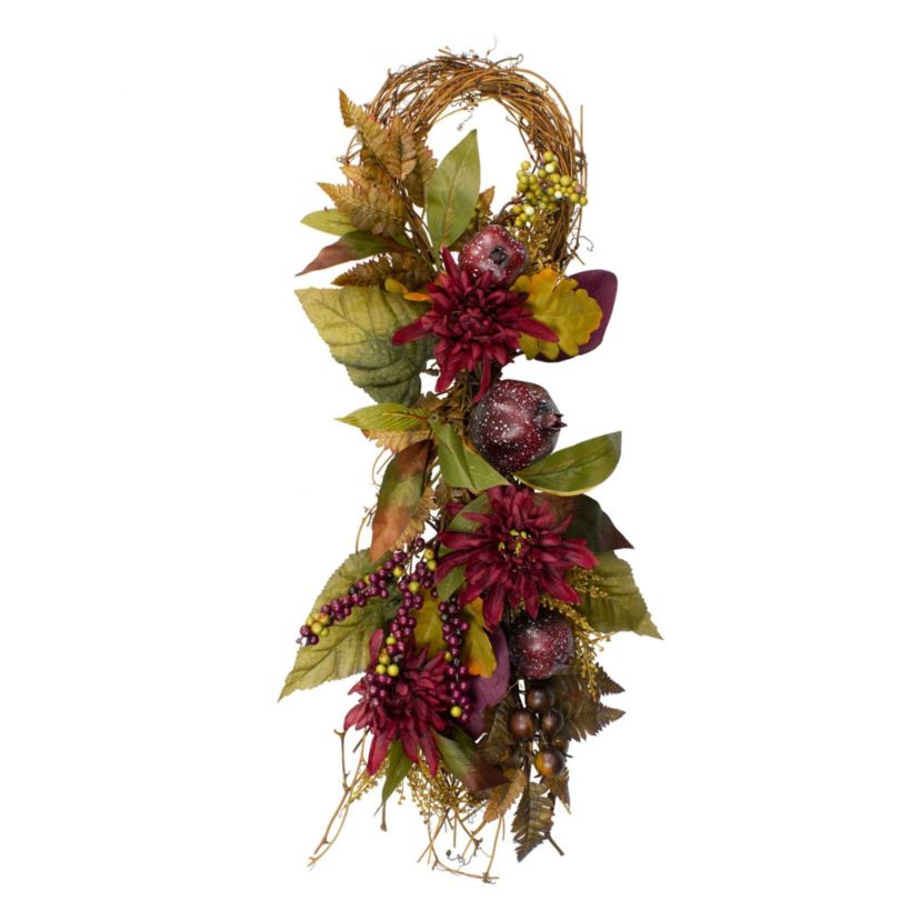 28" Autumn Harvest Mums with Pomegranate Grapevine Teardrop Swag - Unlit