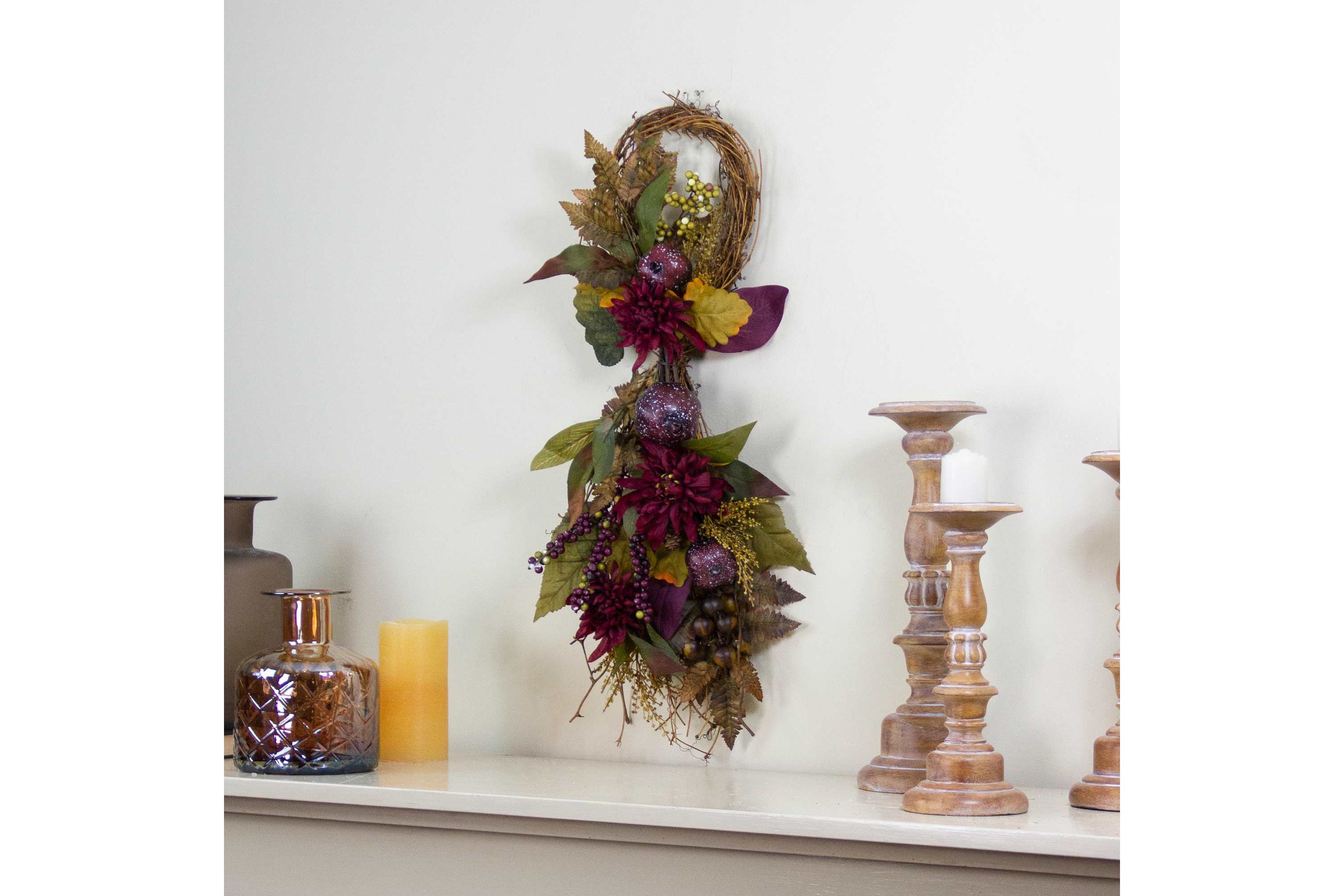 28" Autumn Harvest Mums with Pomegranate Grapevine Teardrop Swag - Unlit