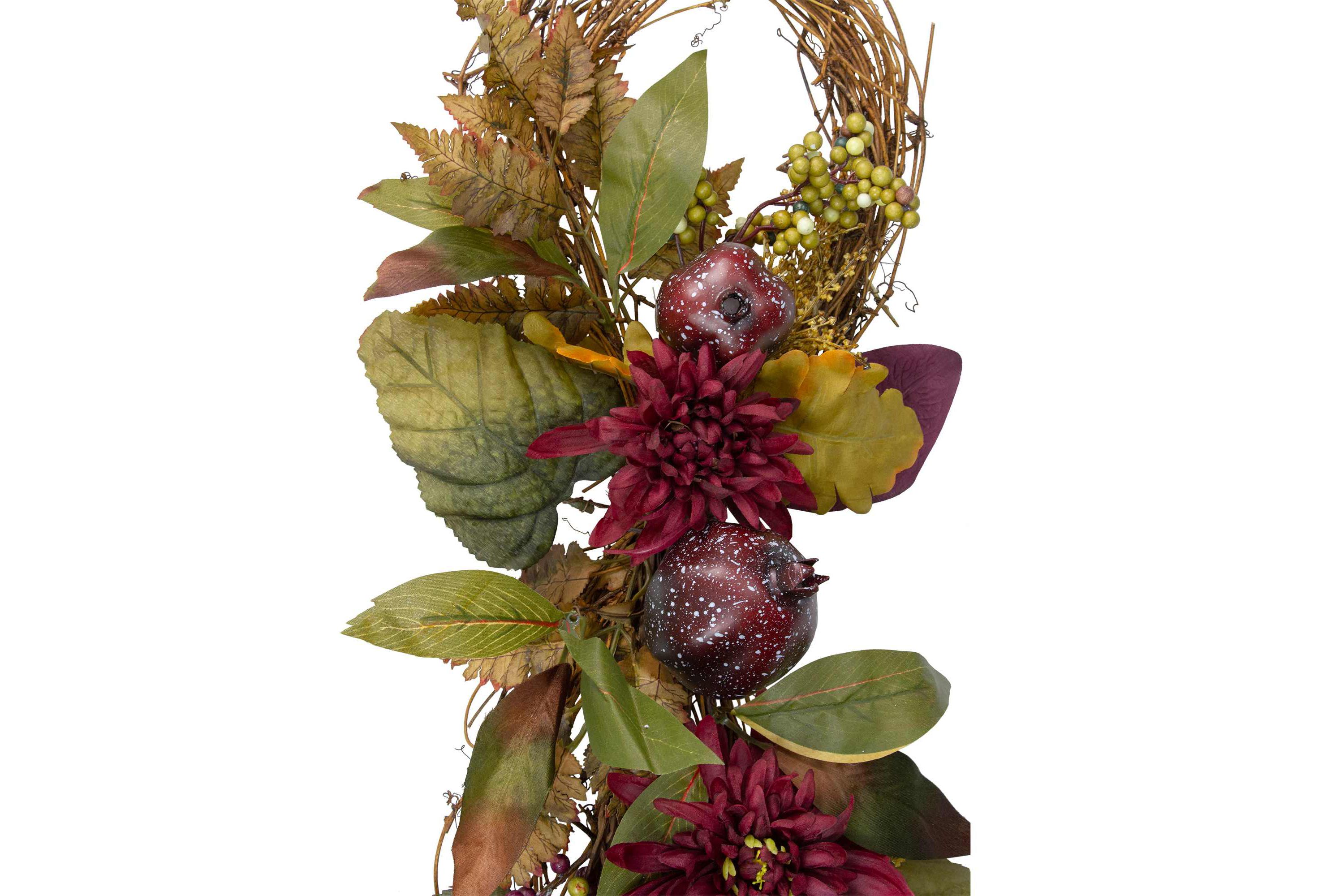 28" Autumn Harvest Mums with Pomegranate Grapevine Teardrop Swag - Unlit
