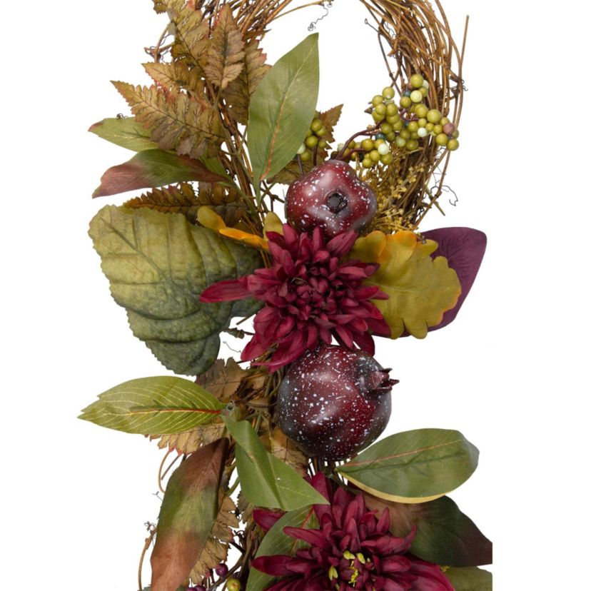28" Autumn Harvest Mums with Pomegranate Grapevine Teardrop Swag - Unlit