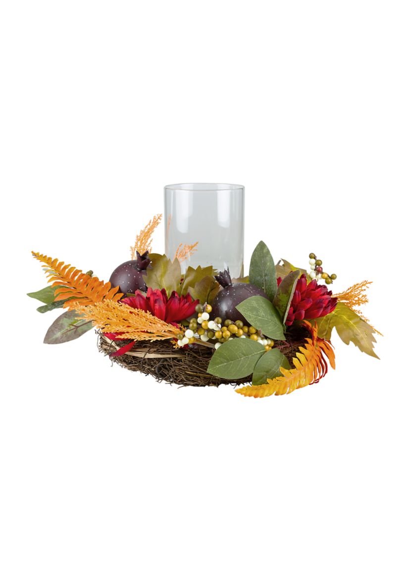22 inch Mums with Pomegranate Fall Candle Holder Centerpiece