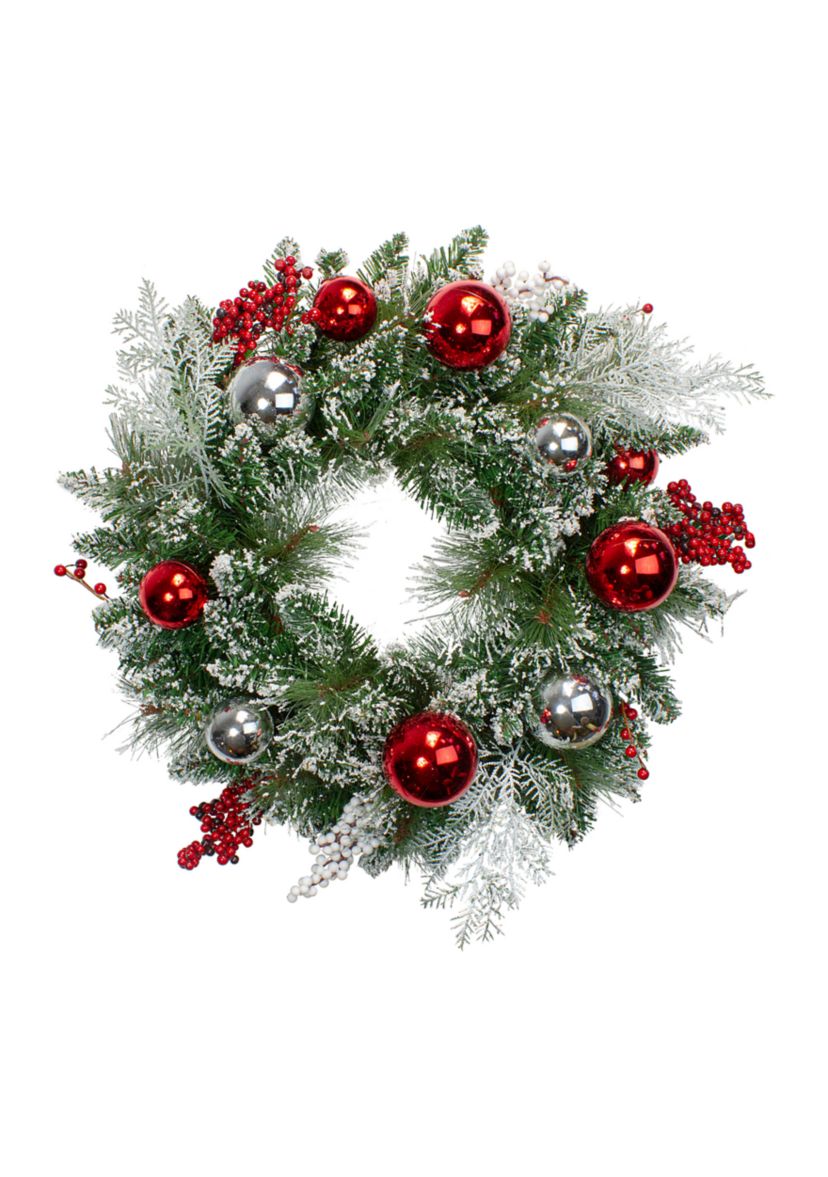Flocked Mixed Pine with Ornaments and Berries Artificial Christmas Wreath  24-Inch  Unlit