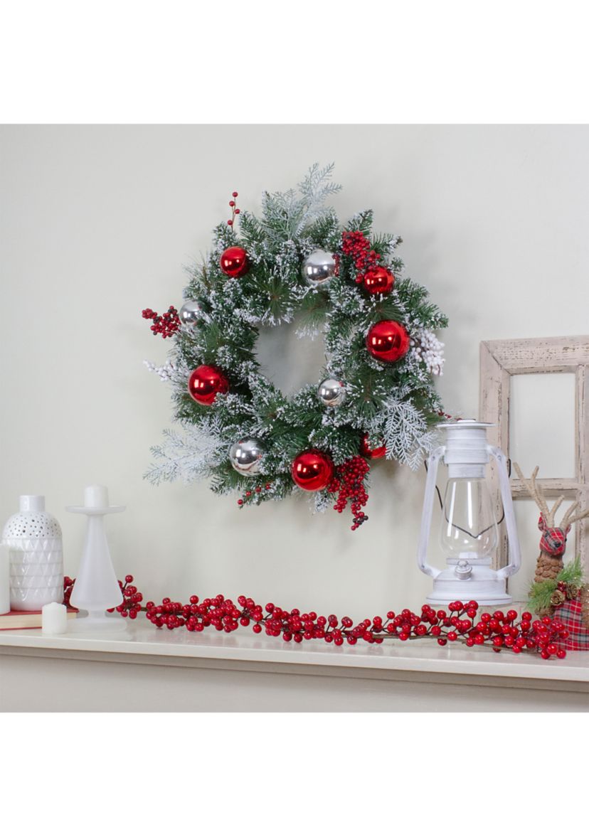 Flocked Mixed Pine with Ornaments and Berries Artificial Christmas Wreath  24-Inch  Unlit