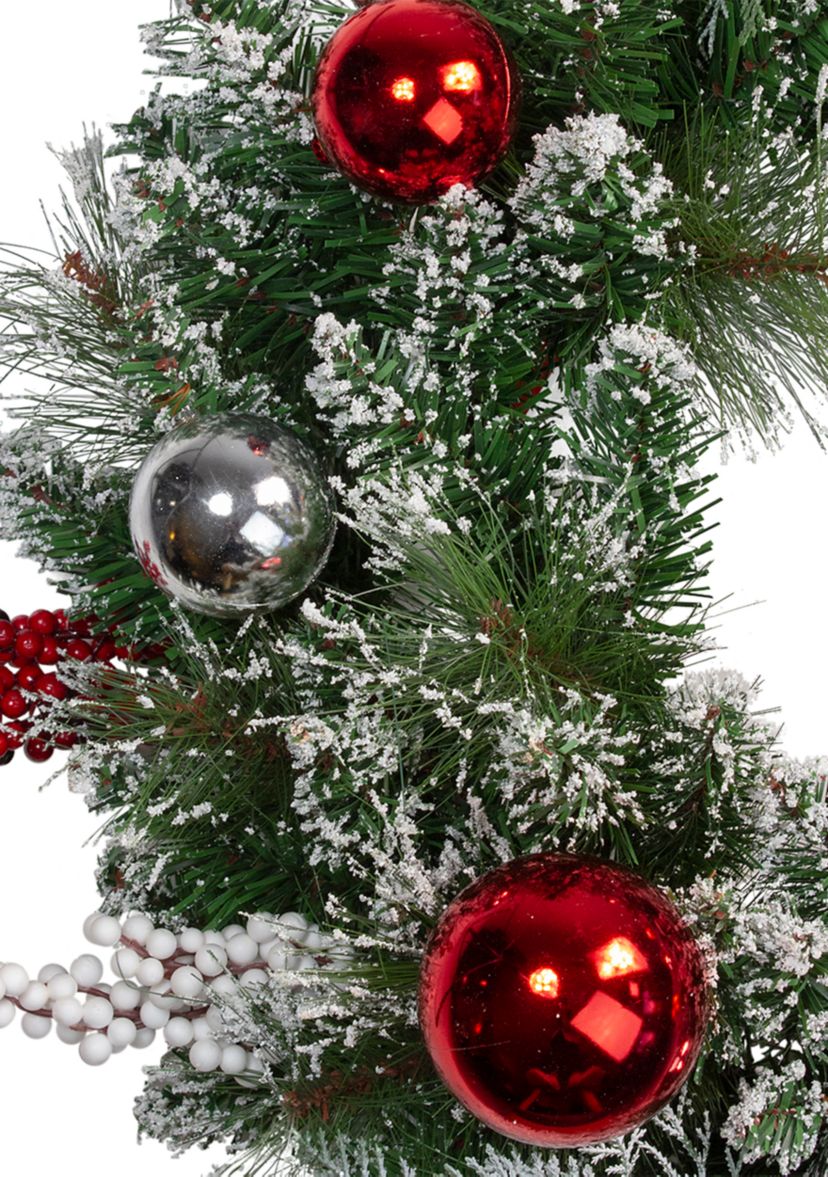 Flocked Mixed Pine with Ornaments and Berries Artificial Christmas Wreath  24-Inch  Unlit