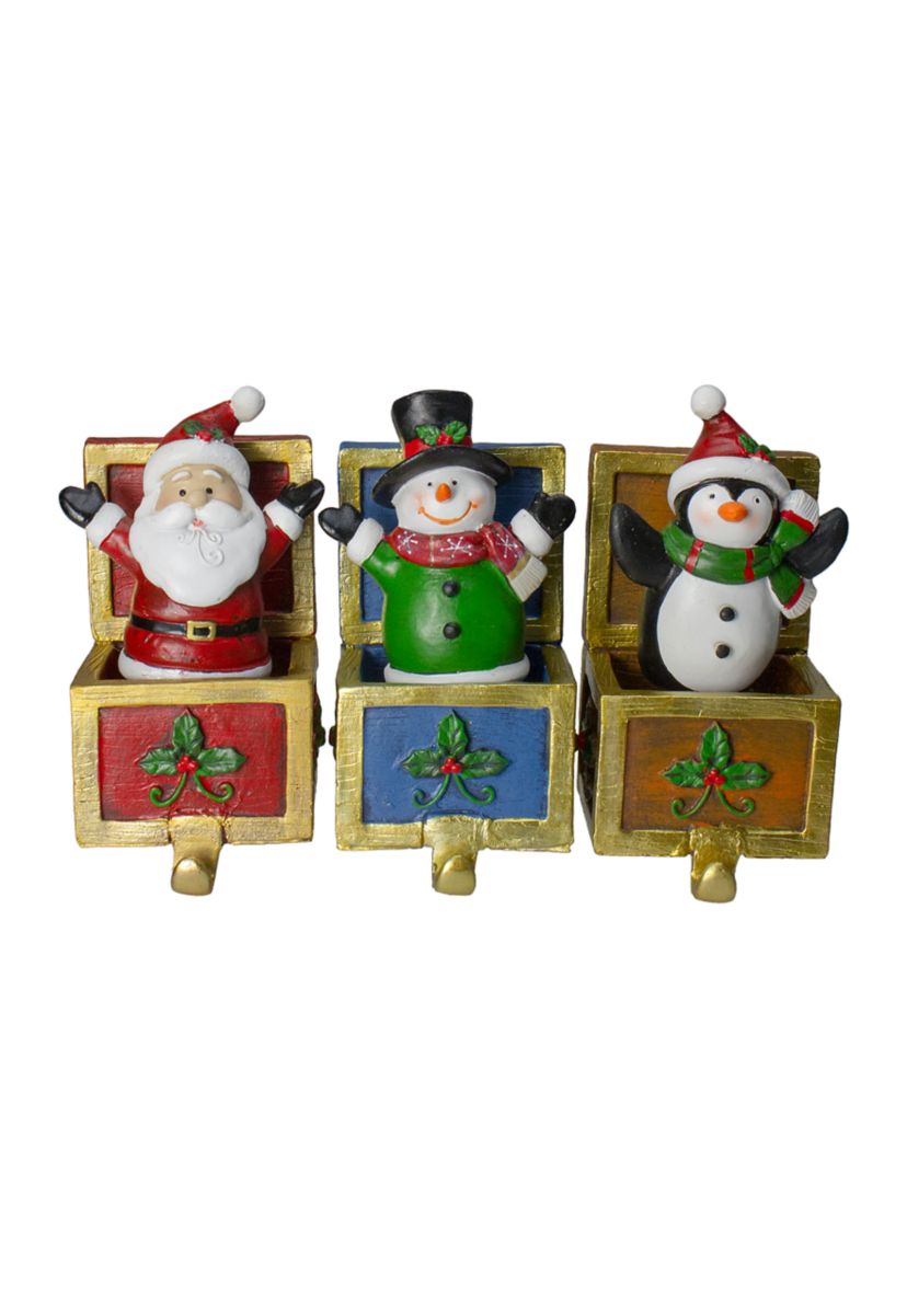 Set of 3 Santa  Snowman and Penguin Jack in the Box Christmas Stocking Holders