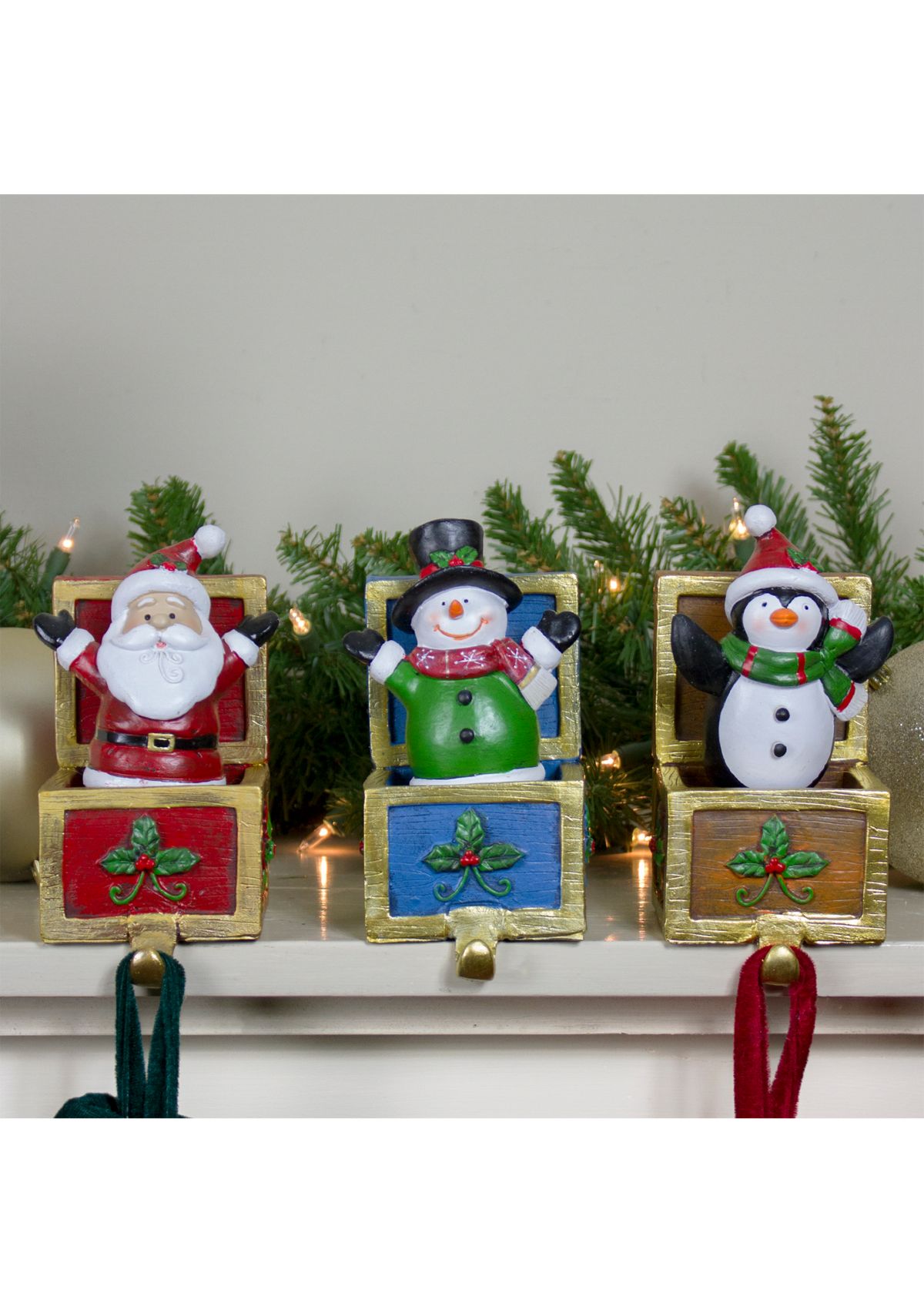 Set of 3 Santa  Snowman and Penguin Jack in the Box Christmas Stocking Holders