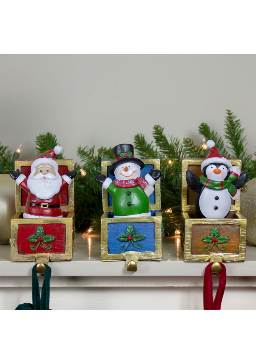 Set of 3 Santa  Snowman and Penguin Jack in the Box Christmas Stocking Holders